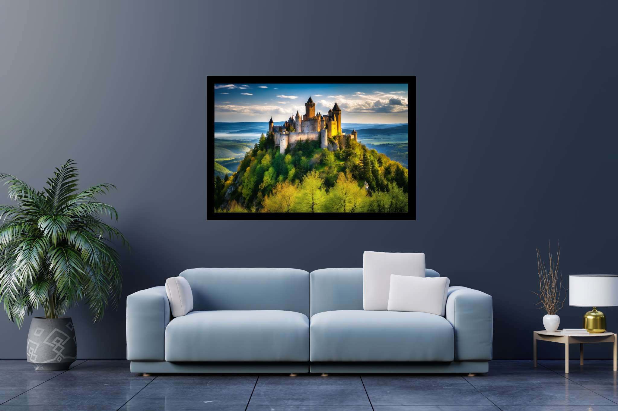 Realm of spires and dreams: Castle art with castle wall art, in a room with contemporary flair, photographic wall art, and decorative pieces. The art can be printed on poster, framed poster, canvas, metal, acrylic or wood, exclusively at WallArtZen. Find this exact print at https://wallartzen.com/waz169