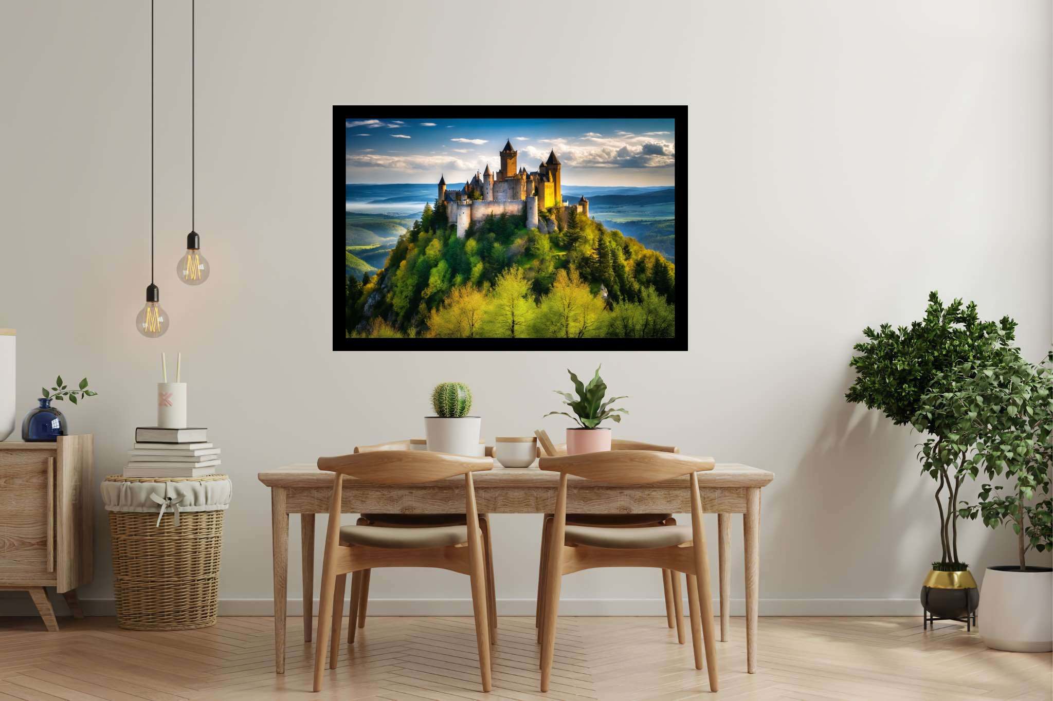 Realm of spires and dreams: Castle art with castle landscape, in a room with artistic style, photographic wall art, and home furnishings. The art can be printed on poster, framed poster, canvas, metal, acrylic or wood, exclusively at WallArtZen. Find this exact print at https://wallartzen.com/waz169