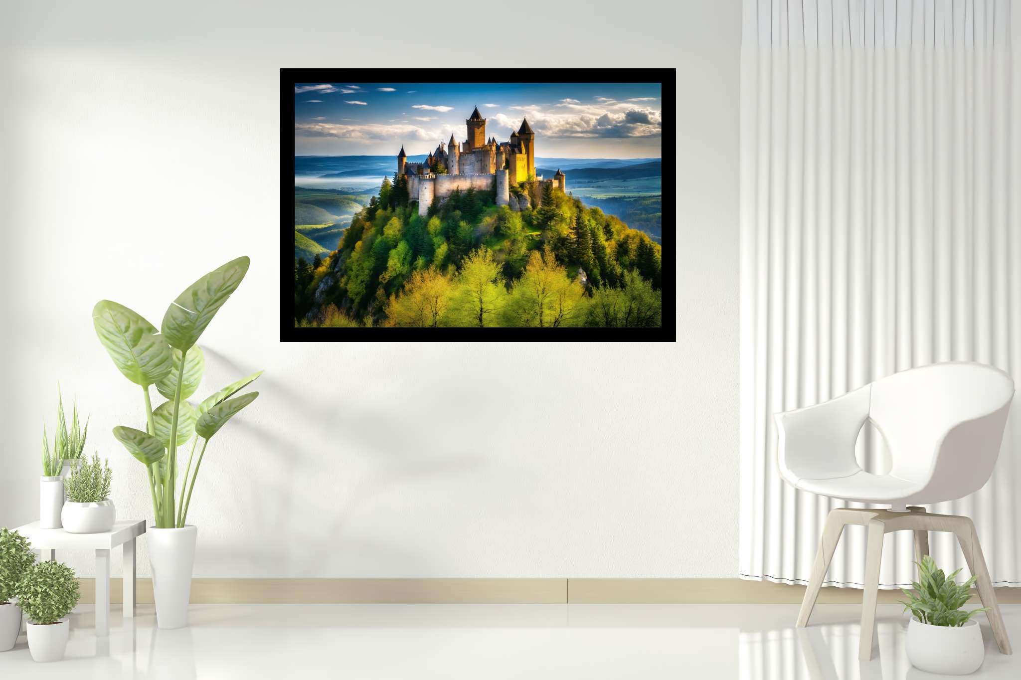 Realm of spires and dreams: Castle art with fairy tale art, in a room with urban design, photographic wall art, and home styling items. The art can be printed on poster, framed poster, canvas, metal, acrylic or wood, exclusively at WallArtZen. Find this exact print at https://wallartzen.com/waz169