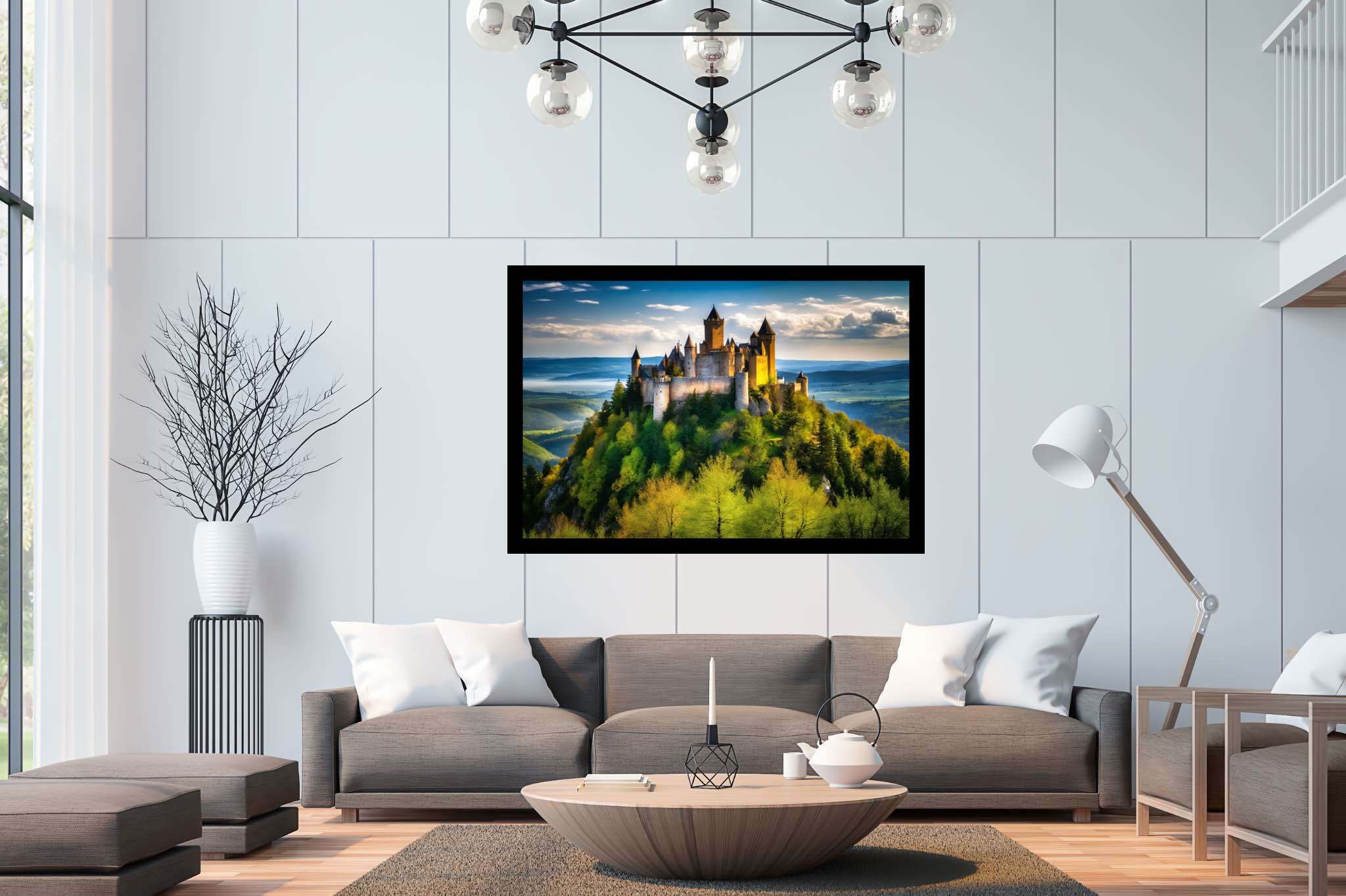 Realm of spires and dreams: Castle art with castle landscape, in a room with artistic style, abstract paintings, and decorative pieces. The art can be printed on poster, framed poster, canvas, metal, acrylic or wood, exclusively at WallArtZen. Find this exact print at https://wallartzen.com/waz169