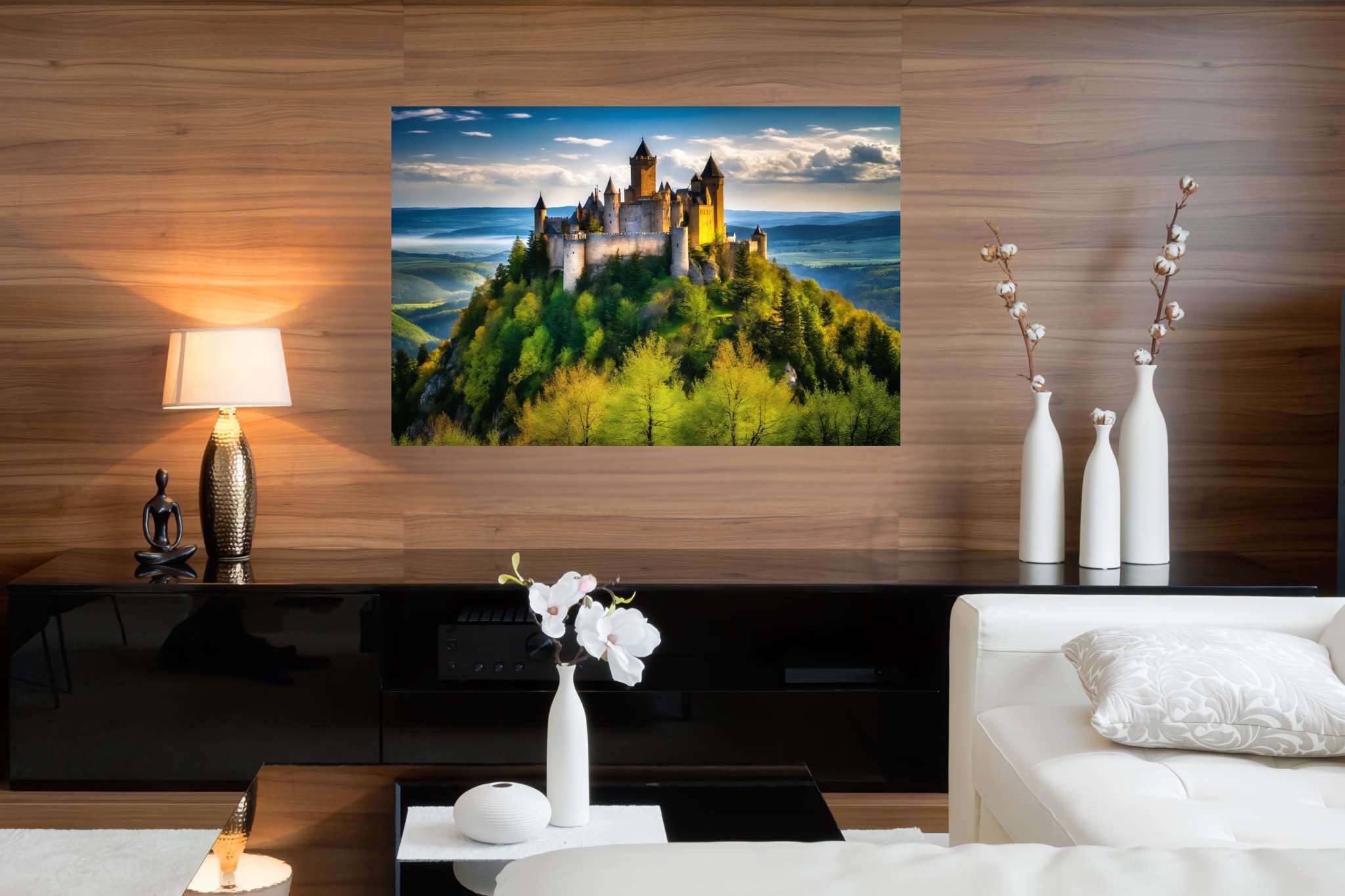 Realm of spires and dreams: Castle art with castle sketch, in a room with innovative layout, photographic wall art, and home furnishings. The art can be printed on poster, framed poster, canvas, metal, acrylic or wood, exclusively at WallArtZen. Find this exact print at https://wallartzen.com/waz169