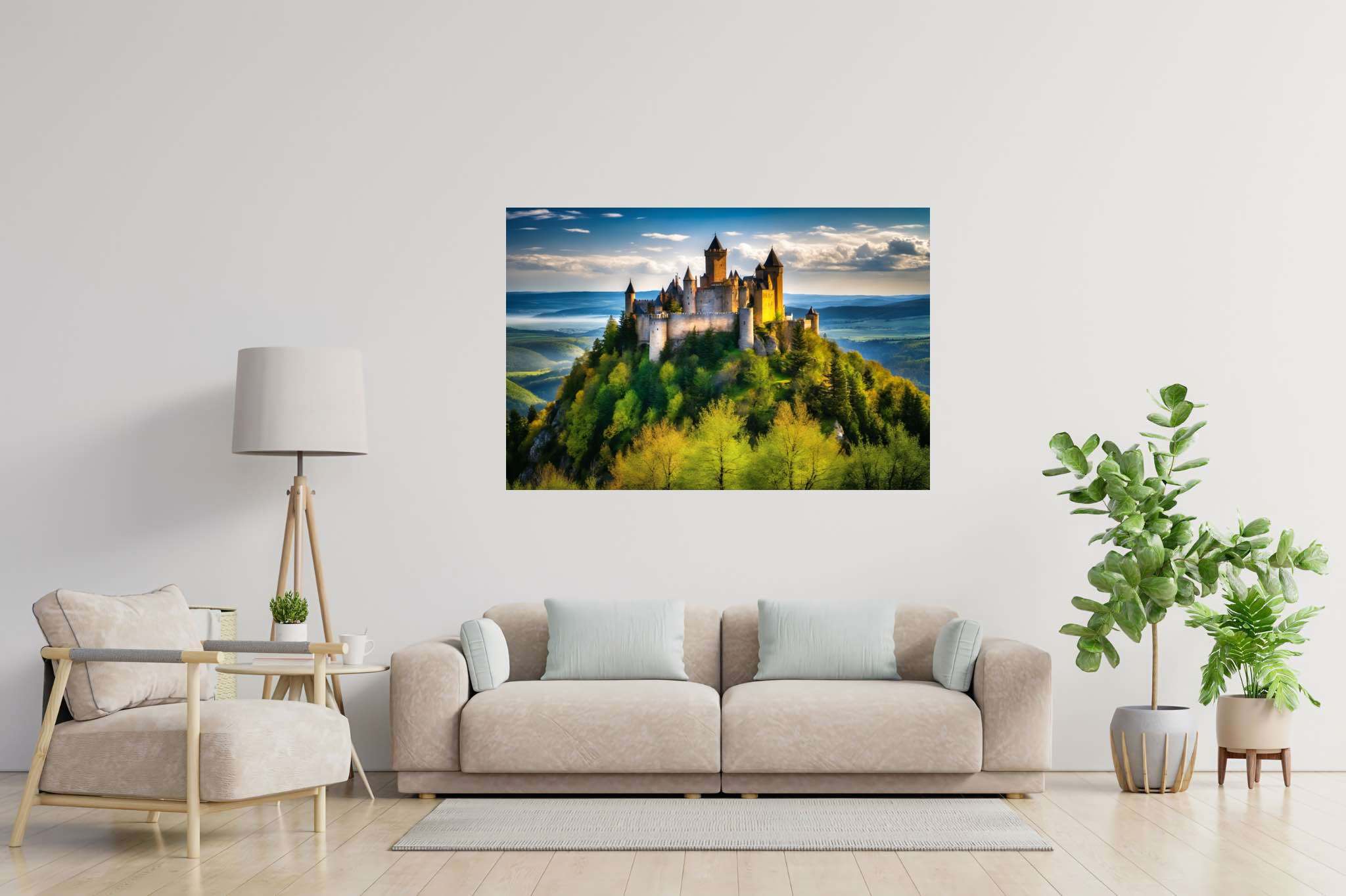 Realm of spires and dreams: Castle art with castle wall art, in a room with urban design, fine art prints, and luxe decor. The art can be printed on poster, framed poster, canvas, metal, acrylic or wood, exclusively at WallArtZen. Find this exact print at https://wallartzen.com/waz169