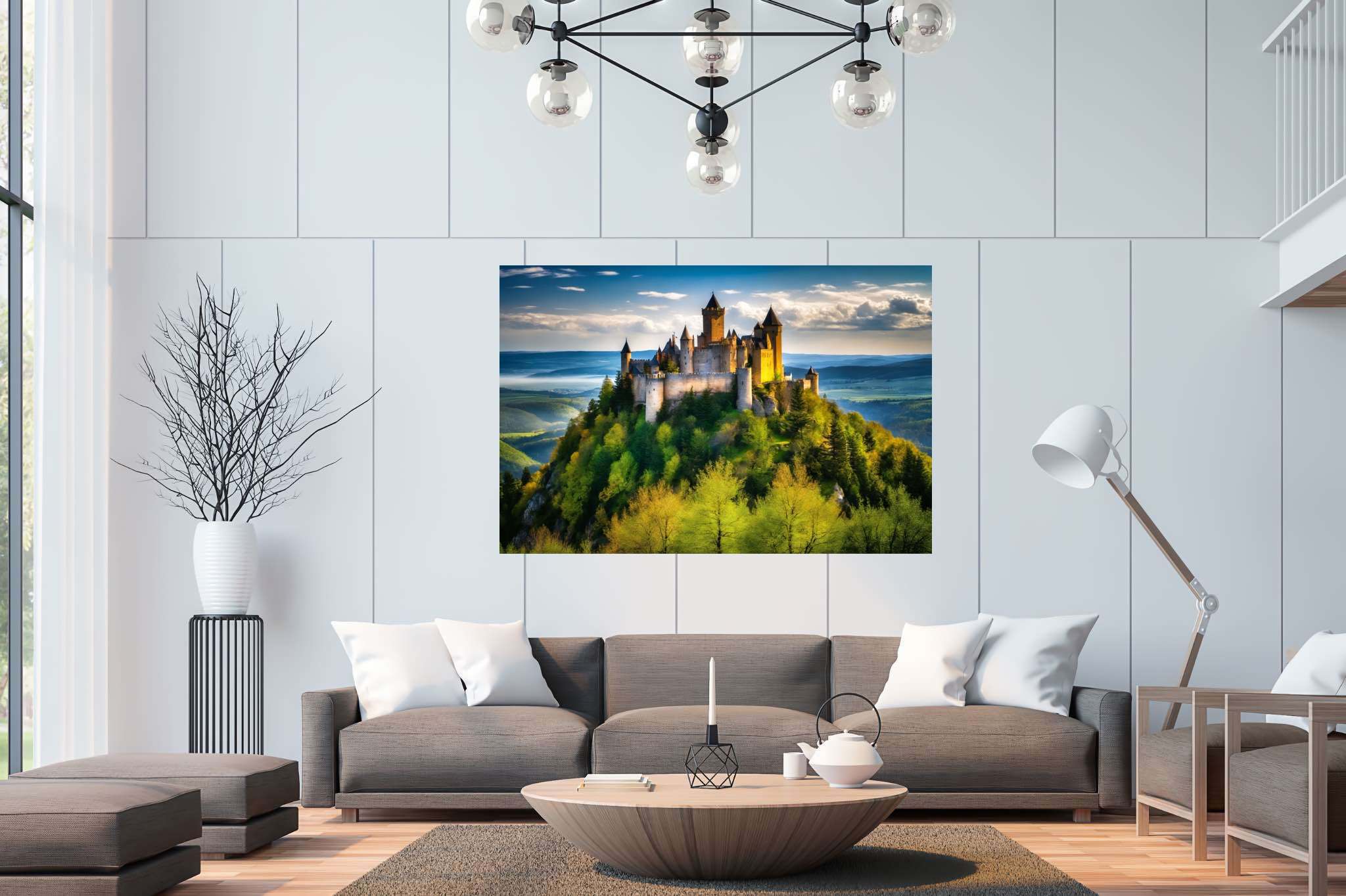 Realm of spires and dreams: Castle art with enchanted castle, in a room with elegant layout, mural artworks, and home styling items. The art can be printed on poster, framed poster, canvas, metal, acrylic or wood, exclusively at WallArtZen. Find this exact print at https://wallartzen.com/waz169