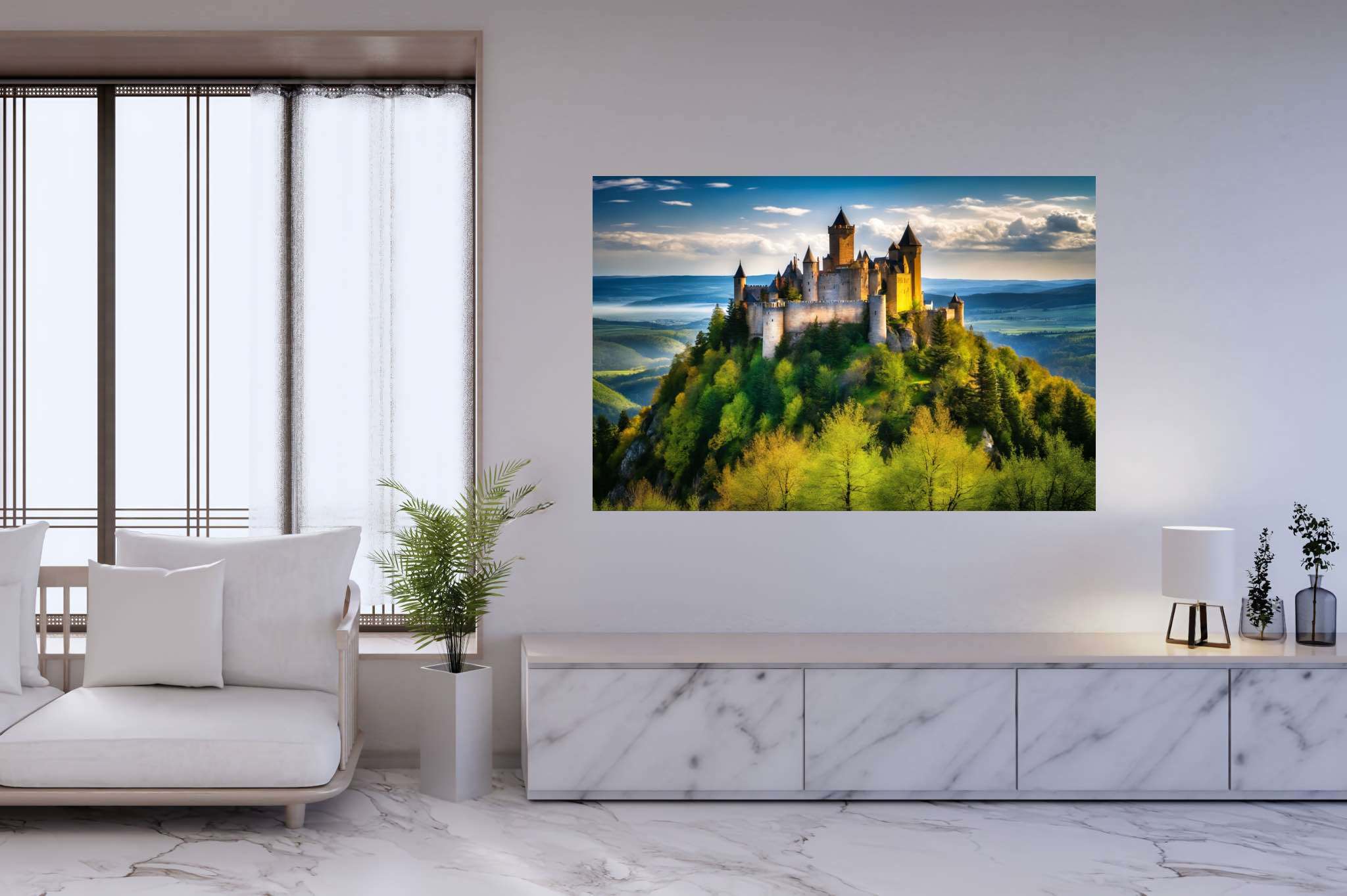 Realm of spires and dreams: Castle art with castle illustration, in a room with contemporary flair, mural artworks, and decorative pieces. The art can be printed on poster, framed poster, canvas, metal, acrylic or wood, exclusively at WallArtZen. Find this exact print at https://wallartzen.com/waz169