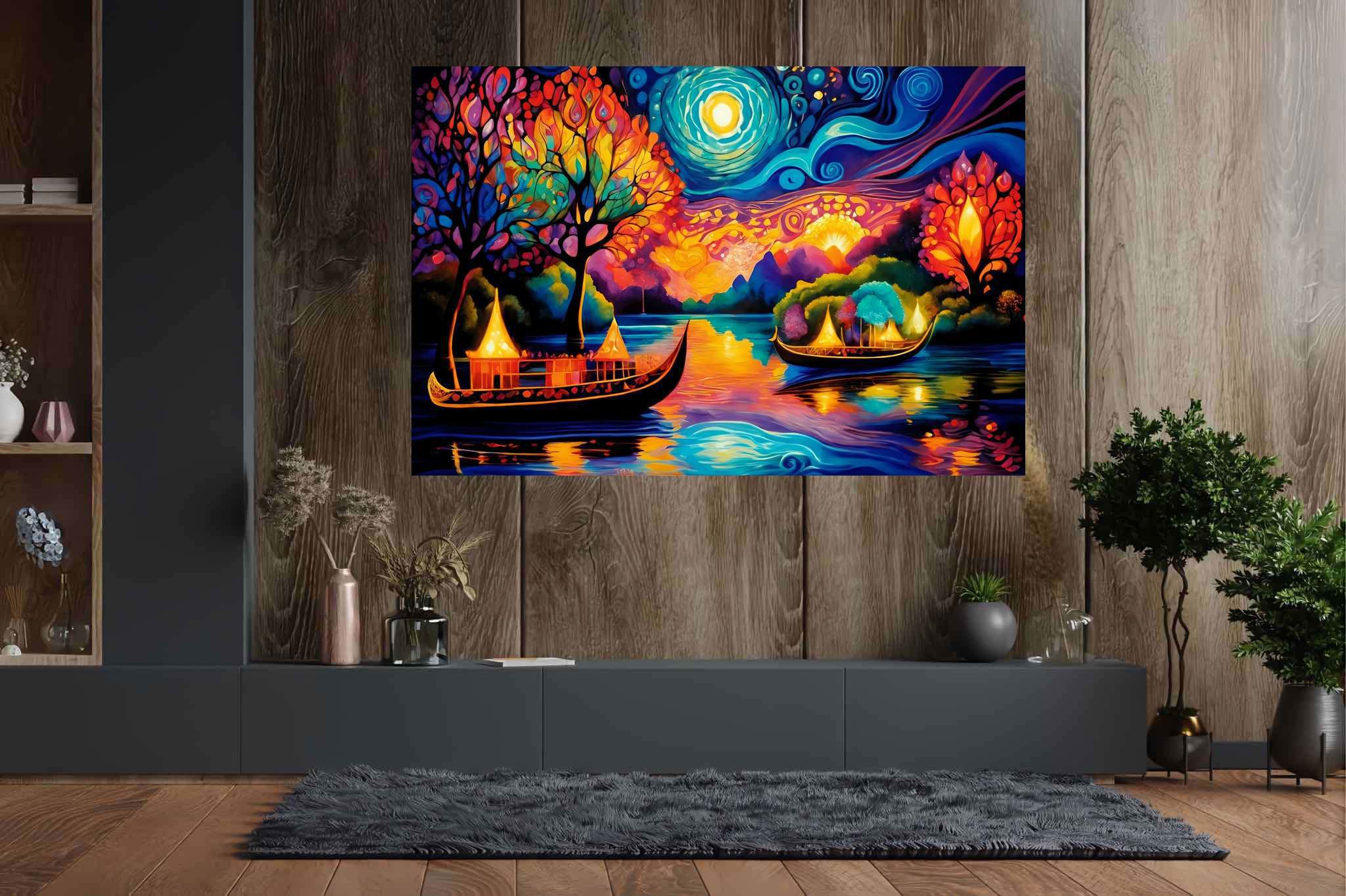 Midnight mirage sails: Surreal boat art with dreamlike ship artwork, in a room with innovative layout, photographic wall art, and stylish accessories. The art can be printed on poster, framed poster, canvas, metal, acrylic or wood, exclusively at WallArtZen. Find this exact print at https://wallartzen.com/waz16