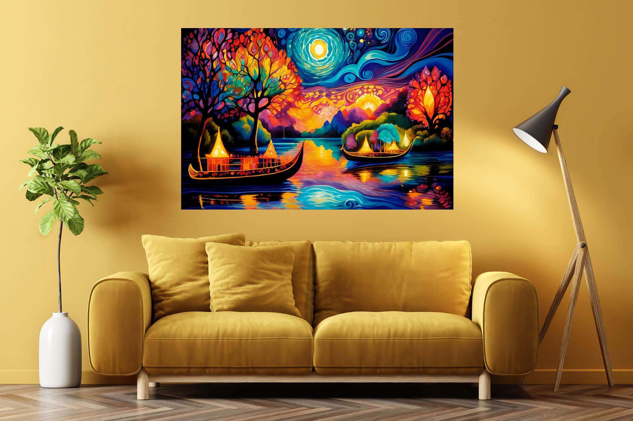 Midnight mirage sails: Surreal boat art with mystical ocean voyage, in a room with classic elegance, abstract paintings, and home furnishings. The art can be printed on poster, framed poster, canvas, metal, acrylic or wood, exclusively at WallArtZen. Find this exact print at https://wallartzen.com/waz16
