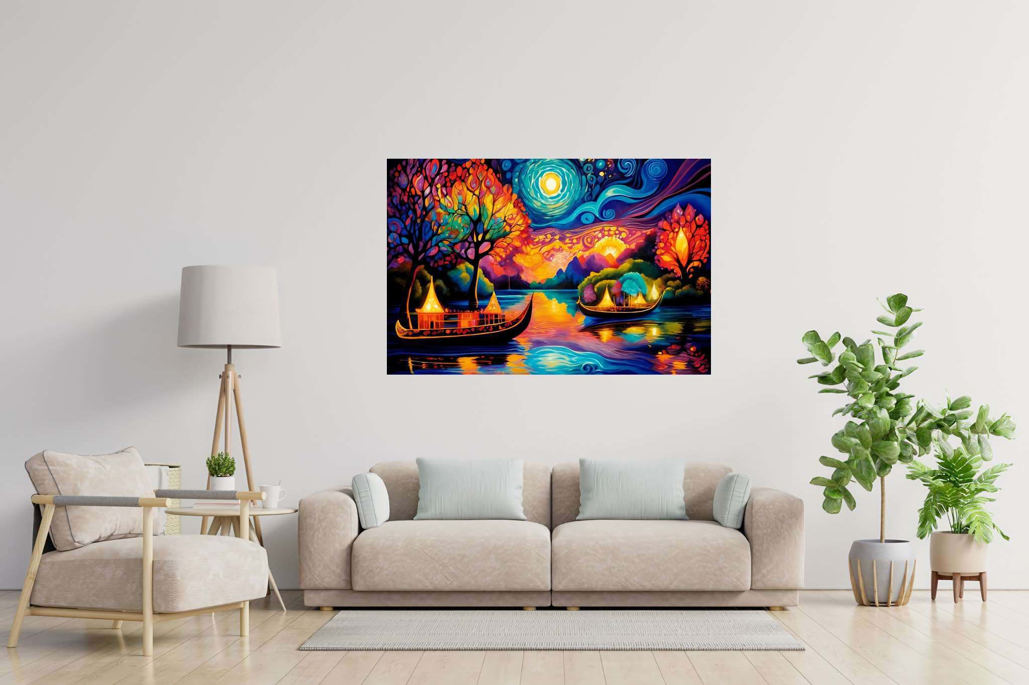 Midnight mirage sails: Surreal boat art with imaginative sea craft, in a room with minimalist approach, gallery-quality artwork, and interior decorations. The art can be printed on poster, framed poster, canvas, metal, acrylic or wood, exclusively at WallArtZen. Find this exact print at https://wallartzen.com/waz16