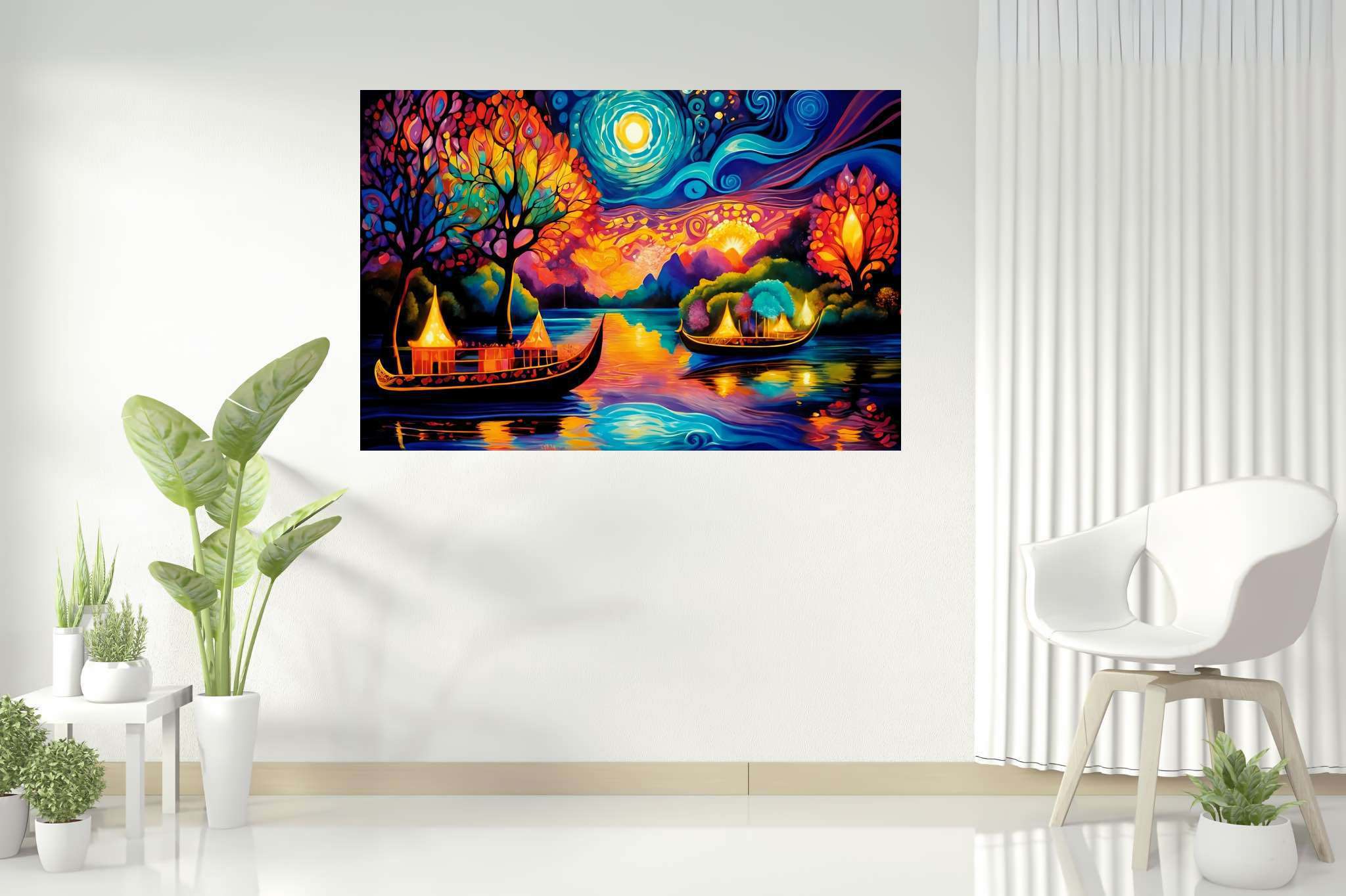 Midnight mirage sails: Surreal boat art with otherworldly nautical art, in a room with elegant layout, canvas prints, and elegant home goods. The art can be printed on poster, framed poster, canvas, metal, acrylic or wood, exclusively at WallArtZen. Find this exact print at https://wallartzen.com/waz16