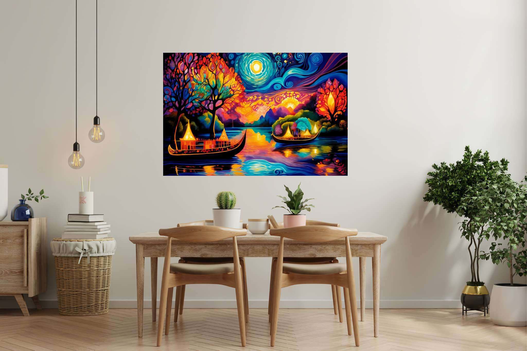 Midnight mirage sails: Surreal boat art with mystical ocean voyage, in a room with classic elegance, mural artworks, and elegant home goods. The art can be printed on poster, framed poster, canvas, metal, acrylic or wood, exclusively at WallArtZen. Find this exact print at https://wallartzen.com/waz16