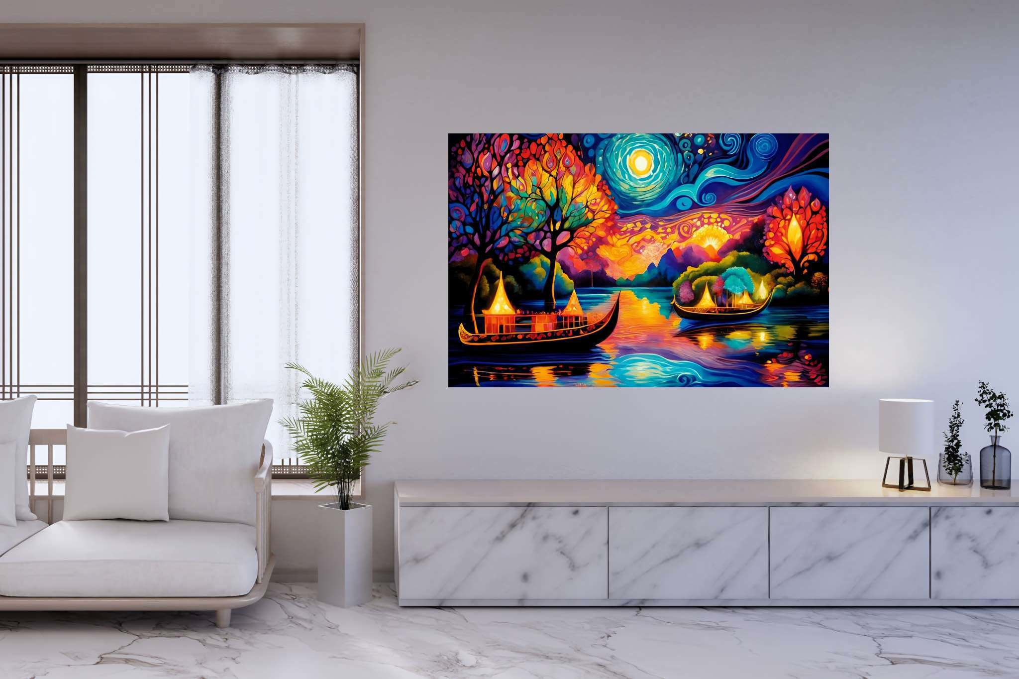 Midnight mirage sails: Surreal boat art with fantastical maritime scene, in a room with innovative layout, mural artworks, and stylish accessories. The art can be printed on poster, framed poster, canvas, metal, acrylic or wood, exclusively at WallArtZen. Find this exact print at https://wallartzen.com/waz16