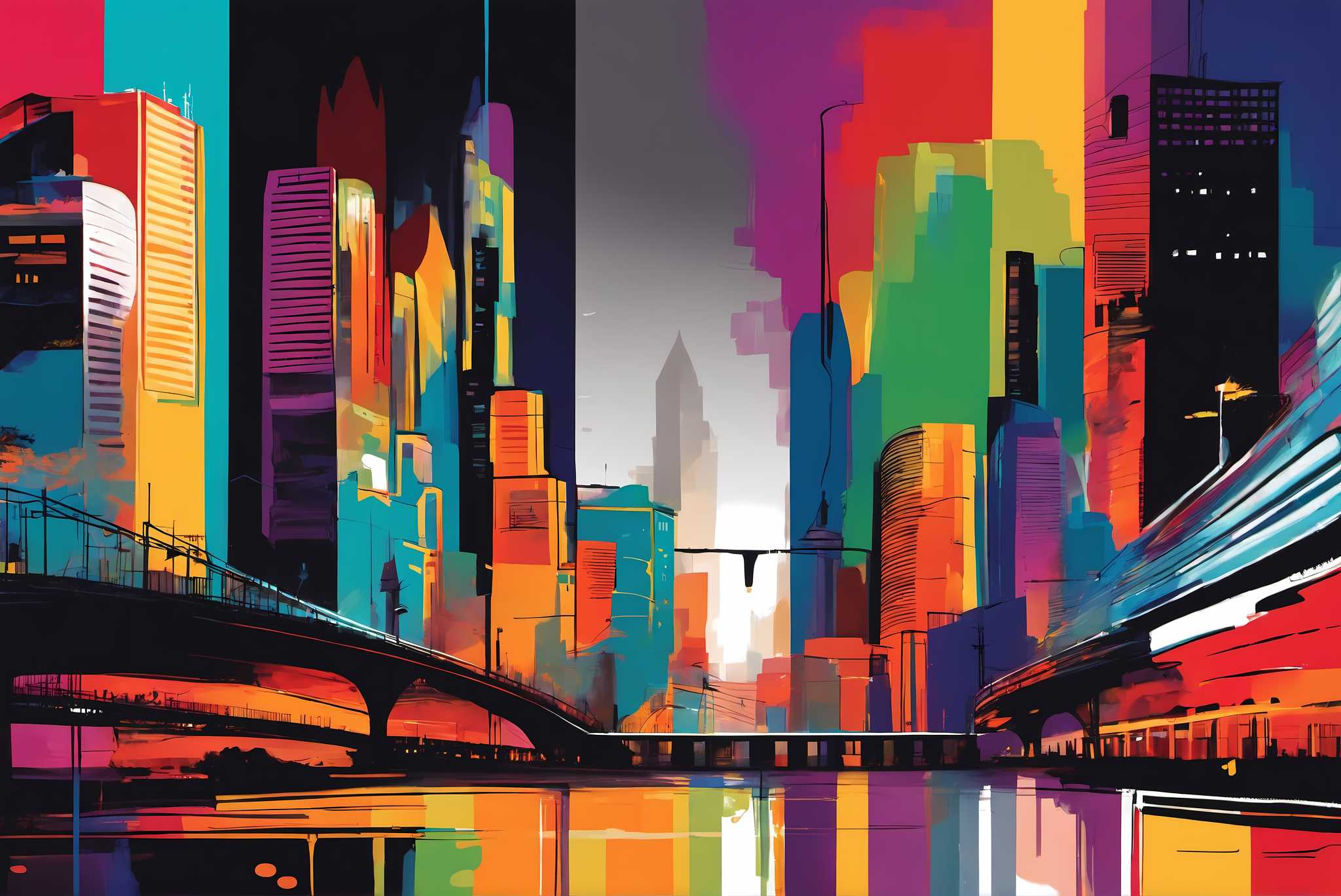 Metropolis reverie: Surreal cityscape art with otherworldly city paintings, in a room with innovative layout, digital art pieces, and elegant home goods. The art can be printed on poster, framed poster, canvas, metal, acrylic or wood, exclusively at WallArtZen. Find this exact print at https://wallartzen.com/waz170