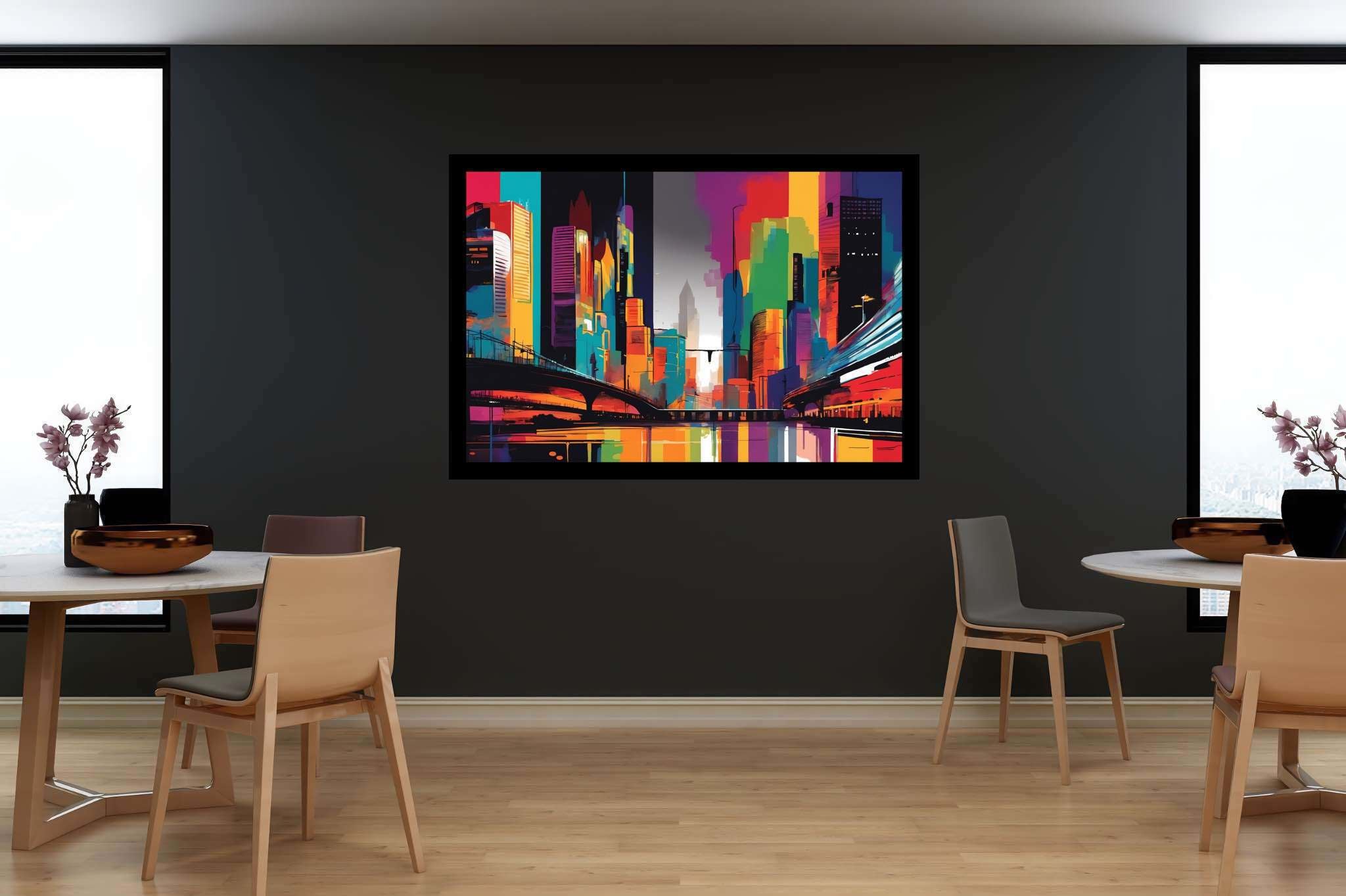 Metropolis reverie: Surreal cityscape art with urban surrealism, in a room with classic elegance, digital art pieces, and trendy home accents. The art can be printed on poster, framed poster, canvas, metal, acrylic or wood, exclusively at WallArtZen. Find this exact print at https://wallartzen.com/waz170