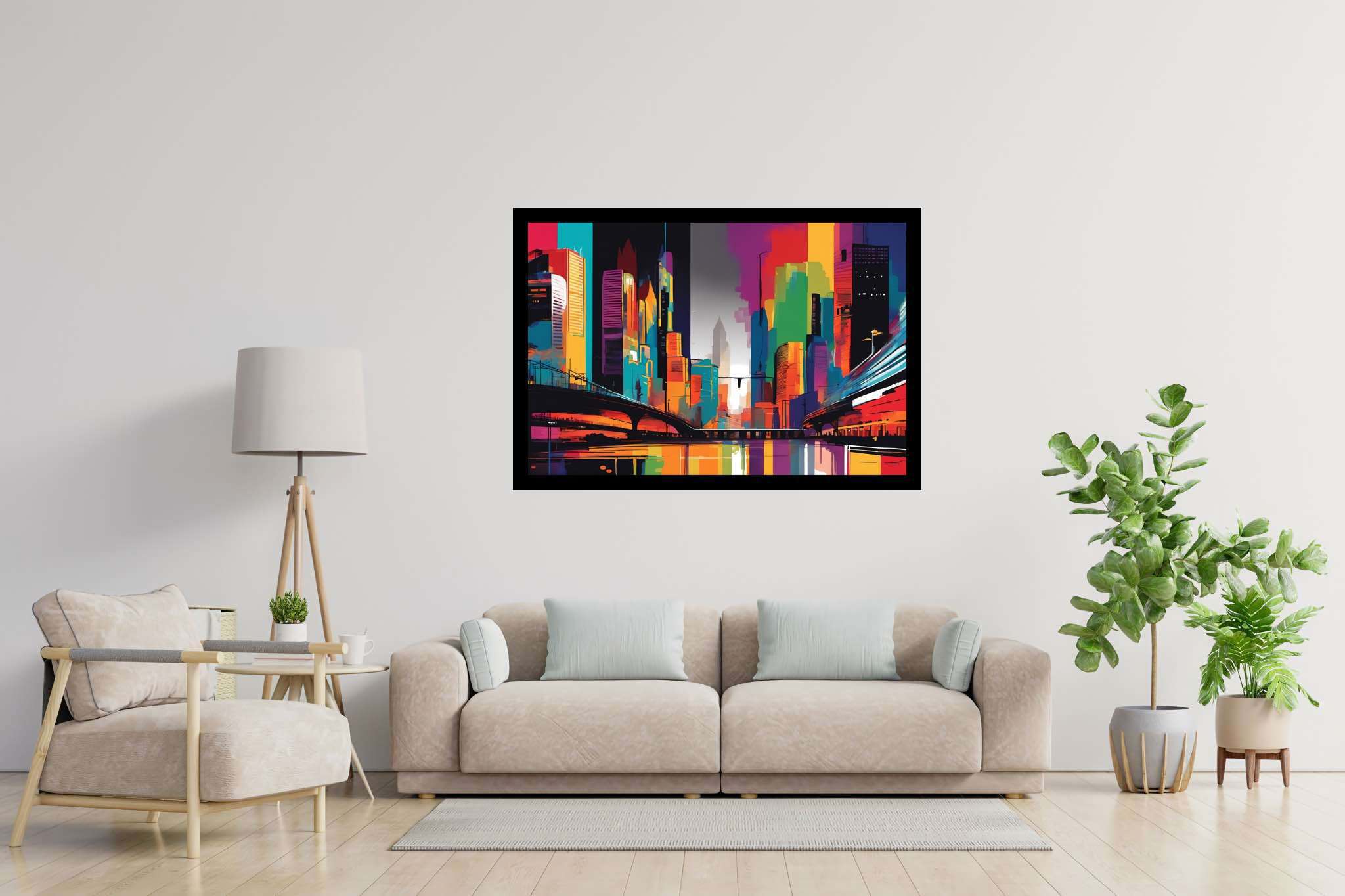 Metropolis reverie: Surreal cityscape art with dreamlike urban landscapes, in a room with chic decor, fine art prints, and artisan decor. The art can be printed on poster, framed poster, canvas, metal, acrylic or wood, exclusively at WallArtZen. Find this exact print at https://wallartzen.com/waz170