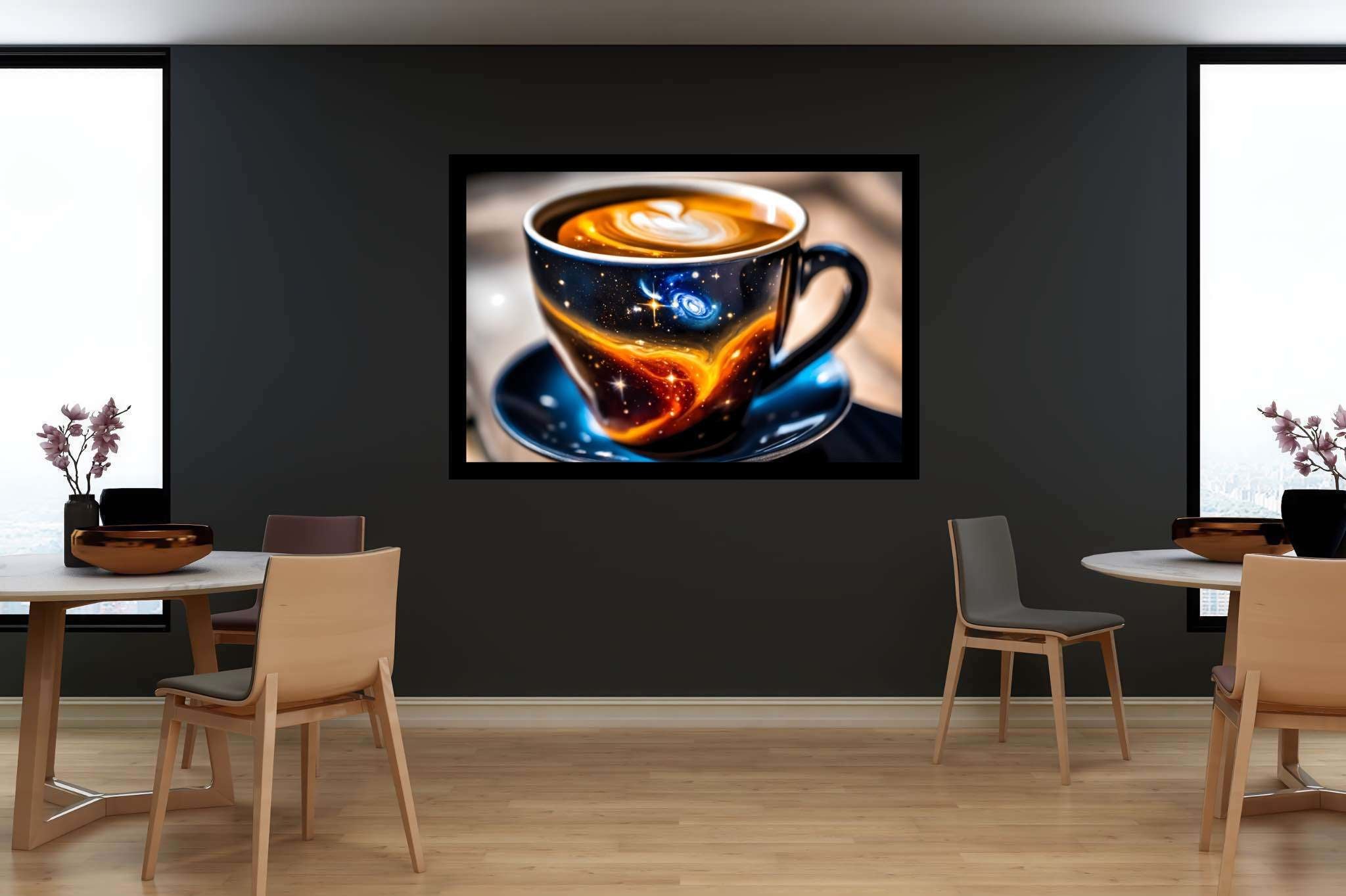 Cosmic caffeine reverie: Galaxy art with galaxy art, in a room with great design, digital art pieces, and home furnishings. The art can be printed on poster, framed poster, canvas, metal, acrylic or wood, exclusively at WallArtZen. Find this exact print at https://wallartzen.com/waz171