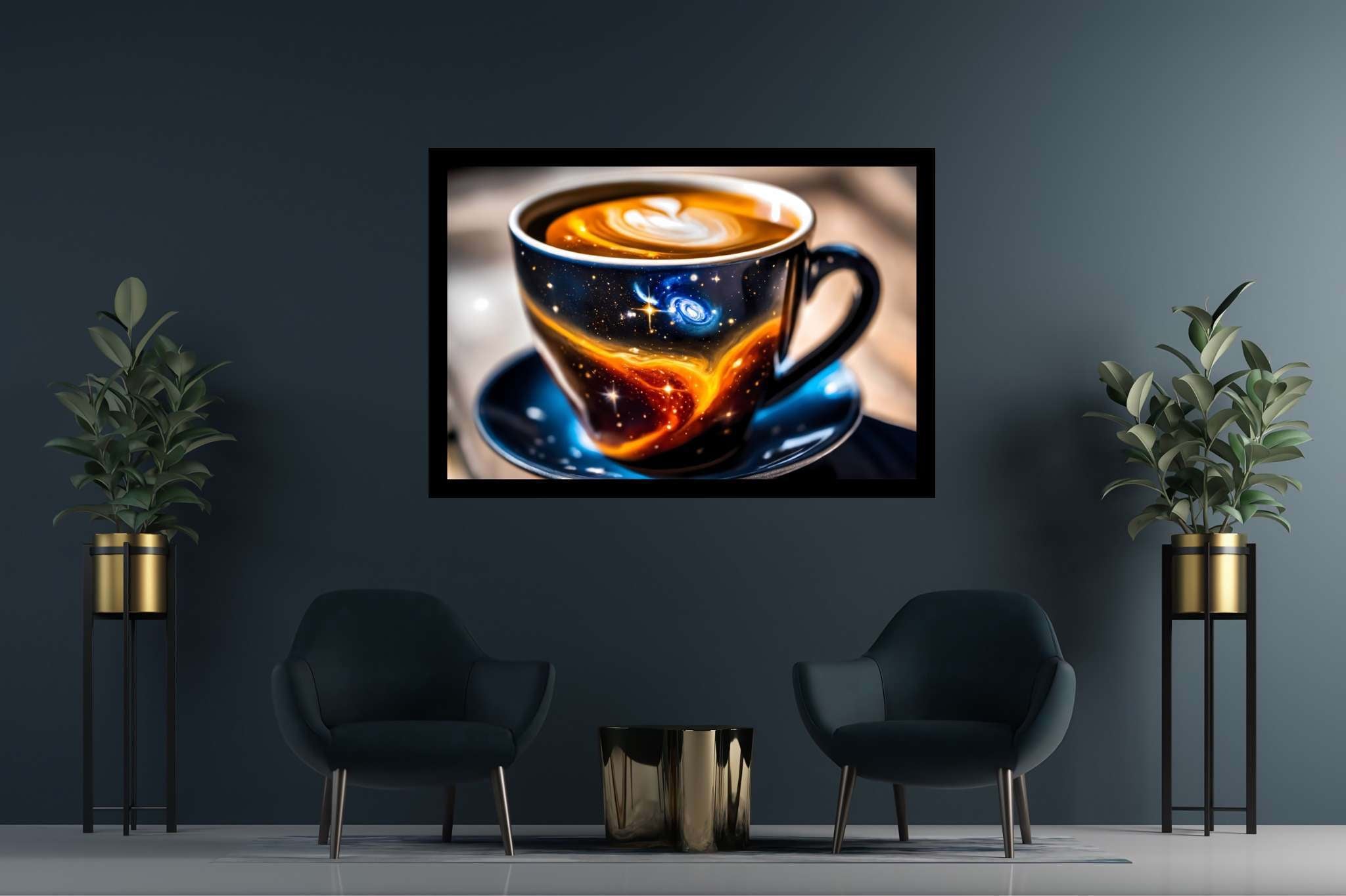 Cosmic caffeine reverie: Galaxy art with celestial artwork, in a room with contemporary flair, photographic wall art, and luxe decor. The art can be printed on poster, framed poster, canvas, metal, acrylic or wood, exclusively at WallArtZen. Find this exact print at https://wallartzen.com/waz171