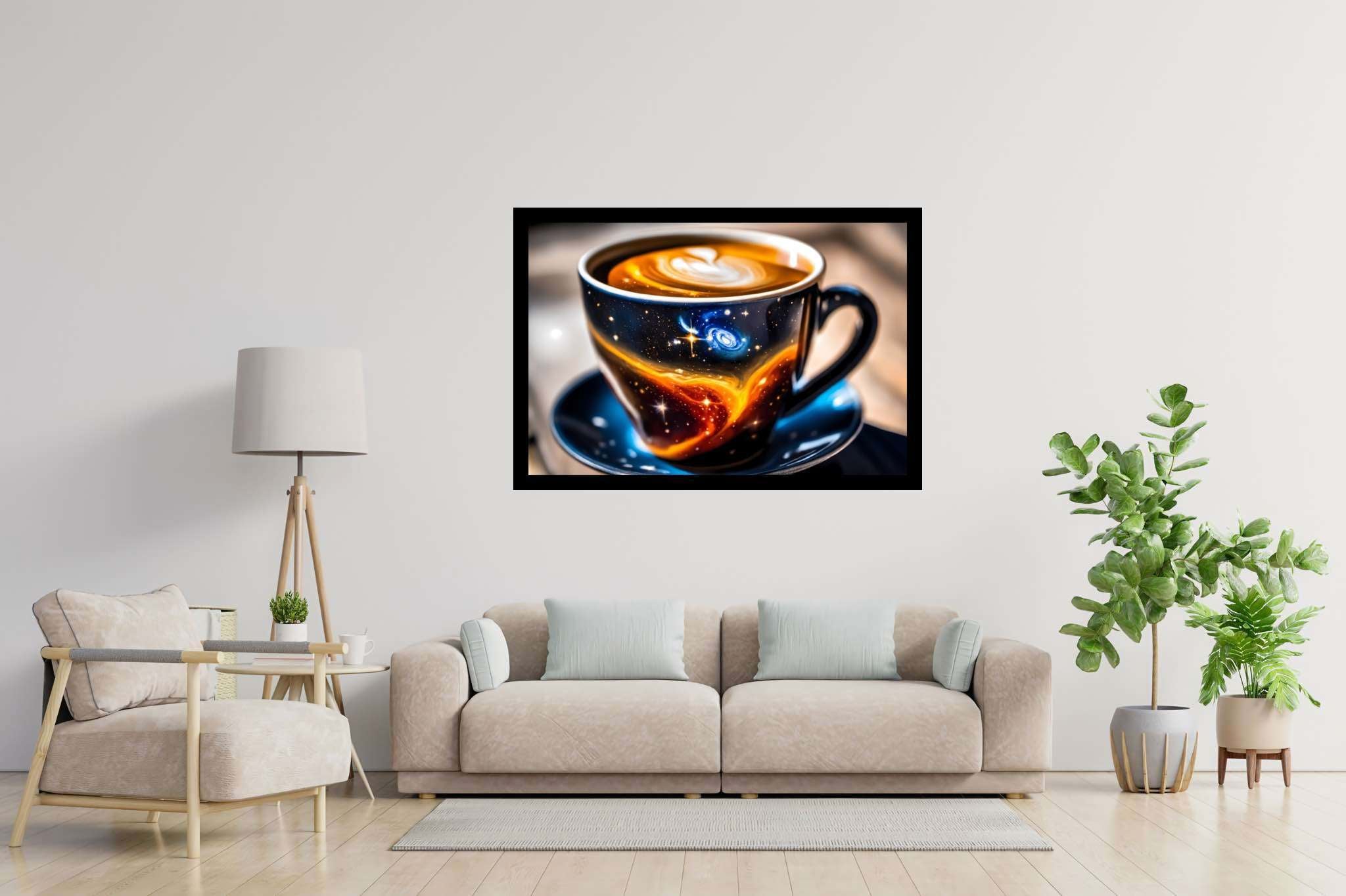 Cosmic caffeine reverie: Galaxy art with astral illustrations, in a room with artistic style, fine art prints, and decorative pieces. The art can be printed on poster, framed poster, canvas, metal, acrylic or wood, exclusively at WallArtZen. Find this exact print at https://wallartzen.com/waz171