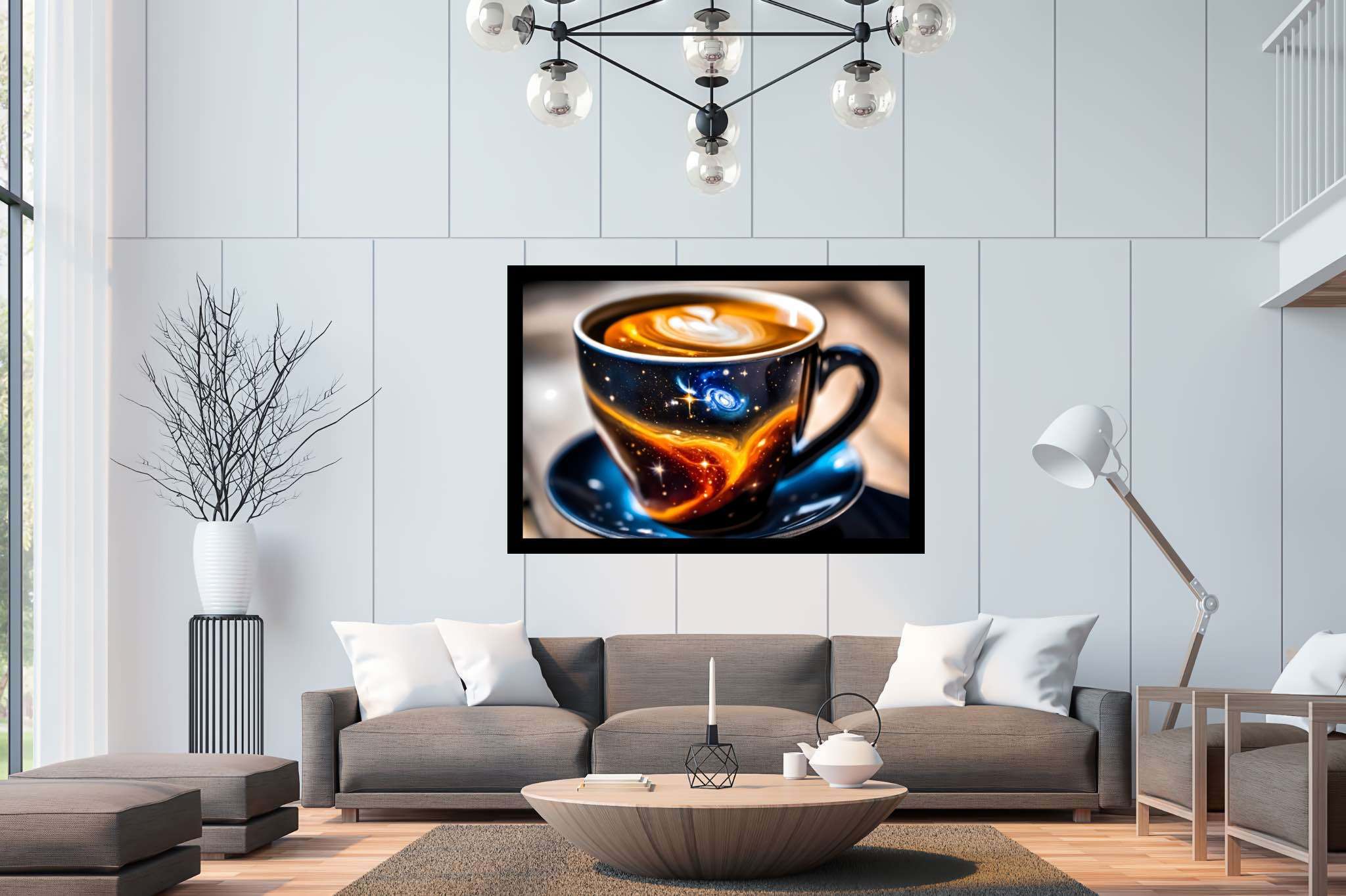 Cosmic caffeine reverie: Galaxy art with cosmic paintings, in a room with minimalist approach, framed art, and decorative pieces. The art can be printed on poster, framed poster, canvas, metal, acrylic or wood, exclusively at WallArtZen. Find this exact print at https://wallartzen.com/waz171
