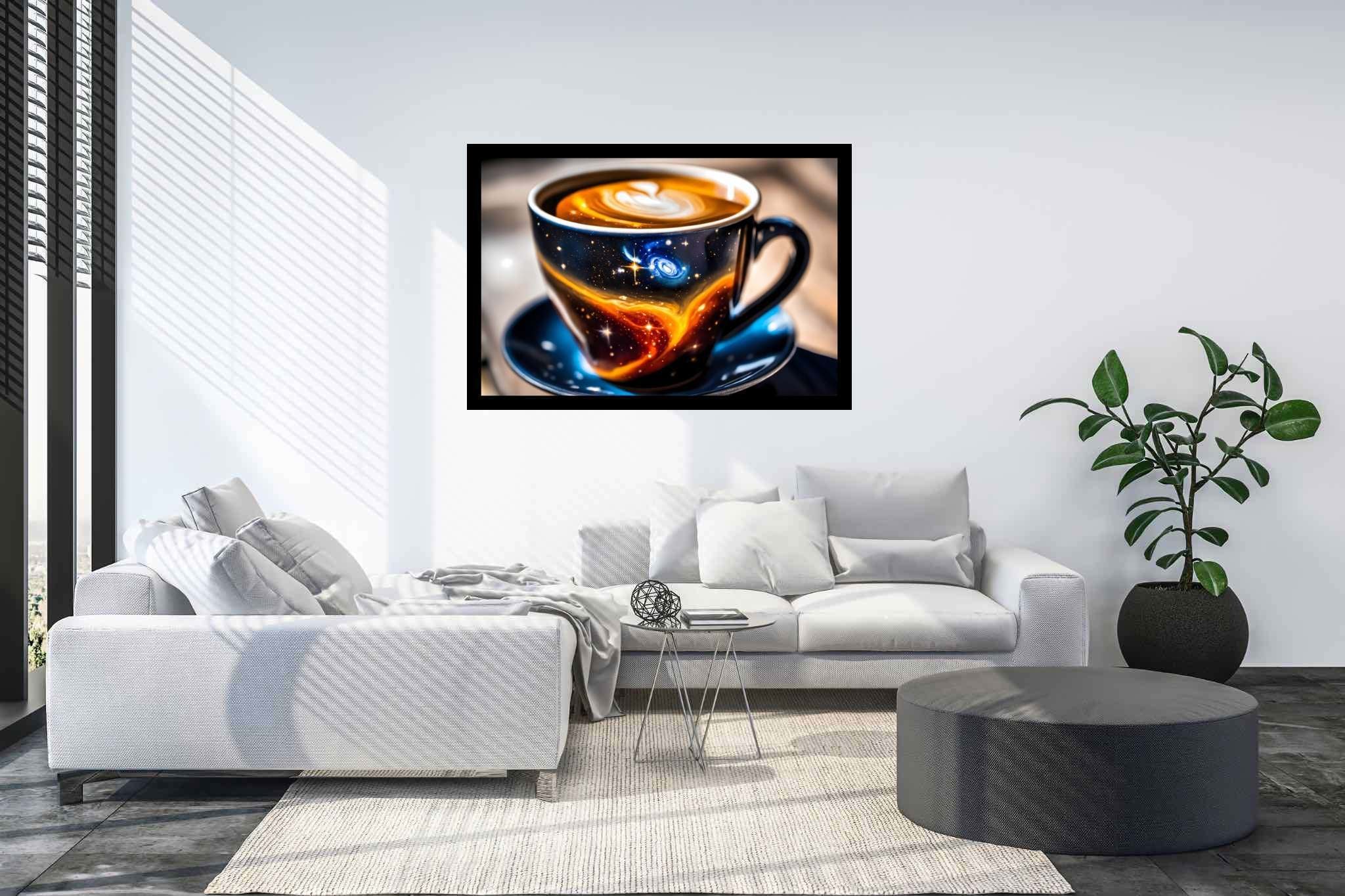 Cosmic caffeine reverie: Galaxy art with otherworldly compositions, in a room with minimalist approach, mural artworks, and artisan decor. The art can be printed on poster, framed poster, canvas, metal, acrylic or wood, exclusively at WallArtZen. Find this exact print at https://wallartzen.com/waz171