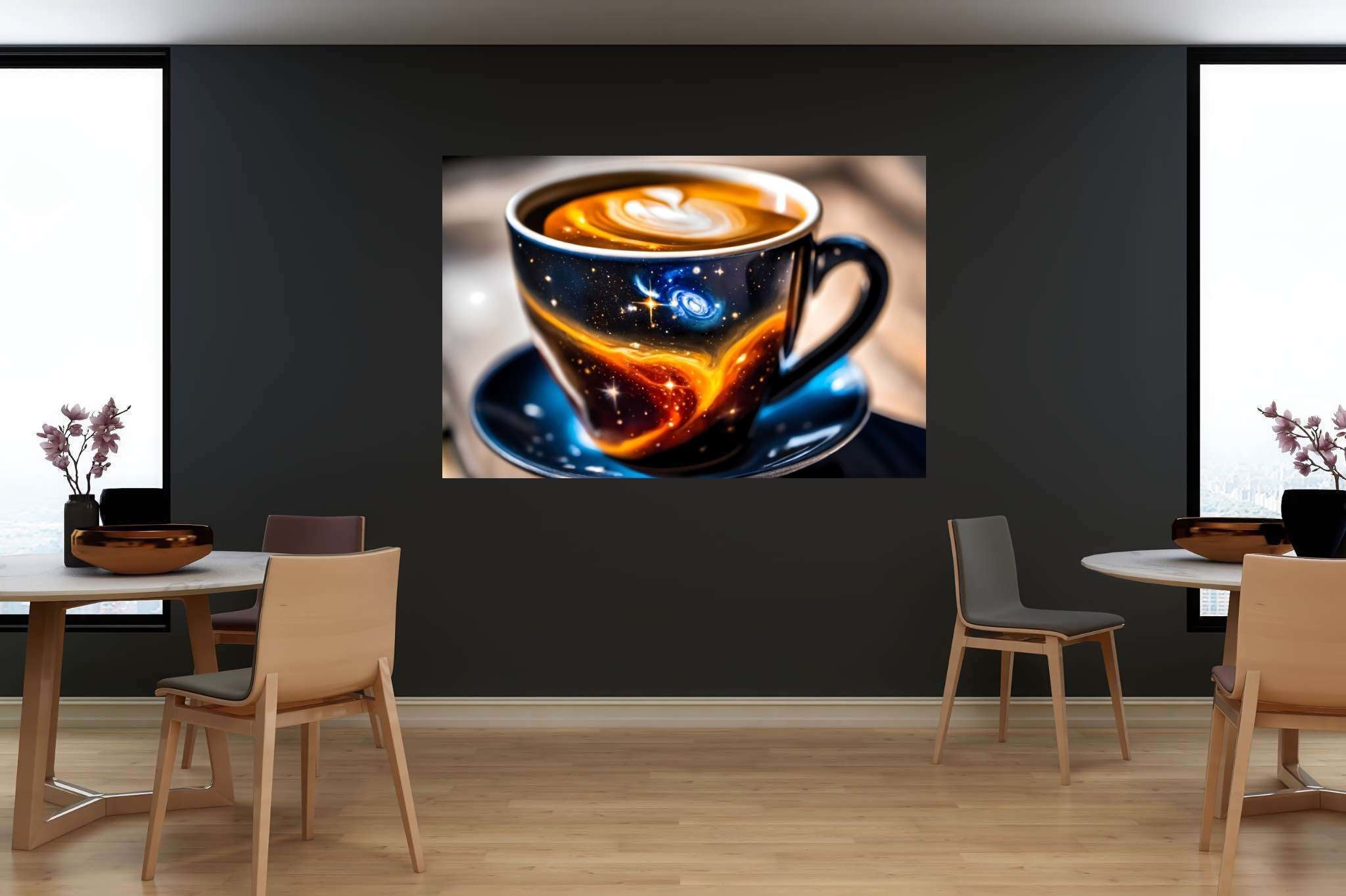 Cosmic caffeine reverie: Galaxy art with otherworldly compositions, in a room with innovative layout, gallery-quality artwork, and home styling items. The art can be printed on poster, framed poster, canvas, metal, acrylic or wood, exclusively at WallArtZen. Find this exact print at https://wallartzen.com/waz171