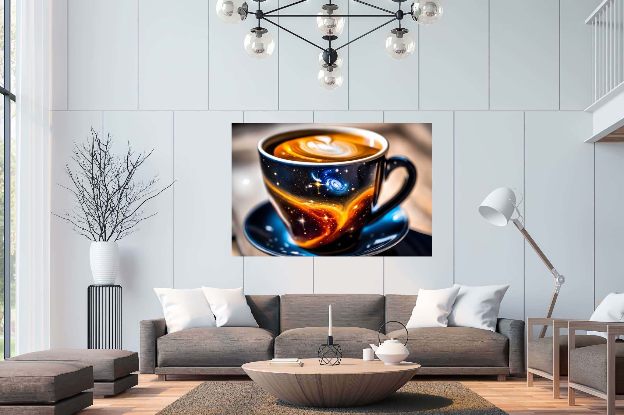 Cosmic caffeine reverie: Galaxy art with intergalactic visuals, in a room with classic elegance, canvas prints, and home styling items. The art can be printed on poster, framed poster, canvas, metal, acrylic or wood, exclusively at WallArtZen. Find this exact print at https://wallartzen.com/waz171