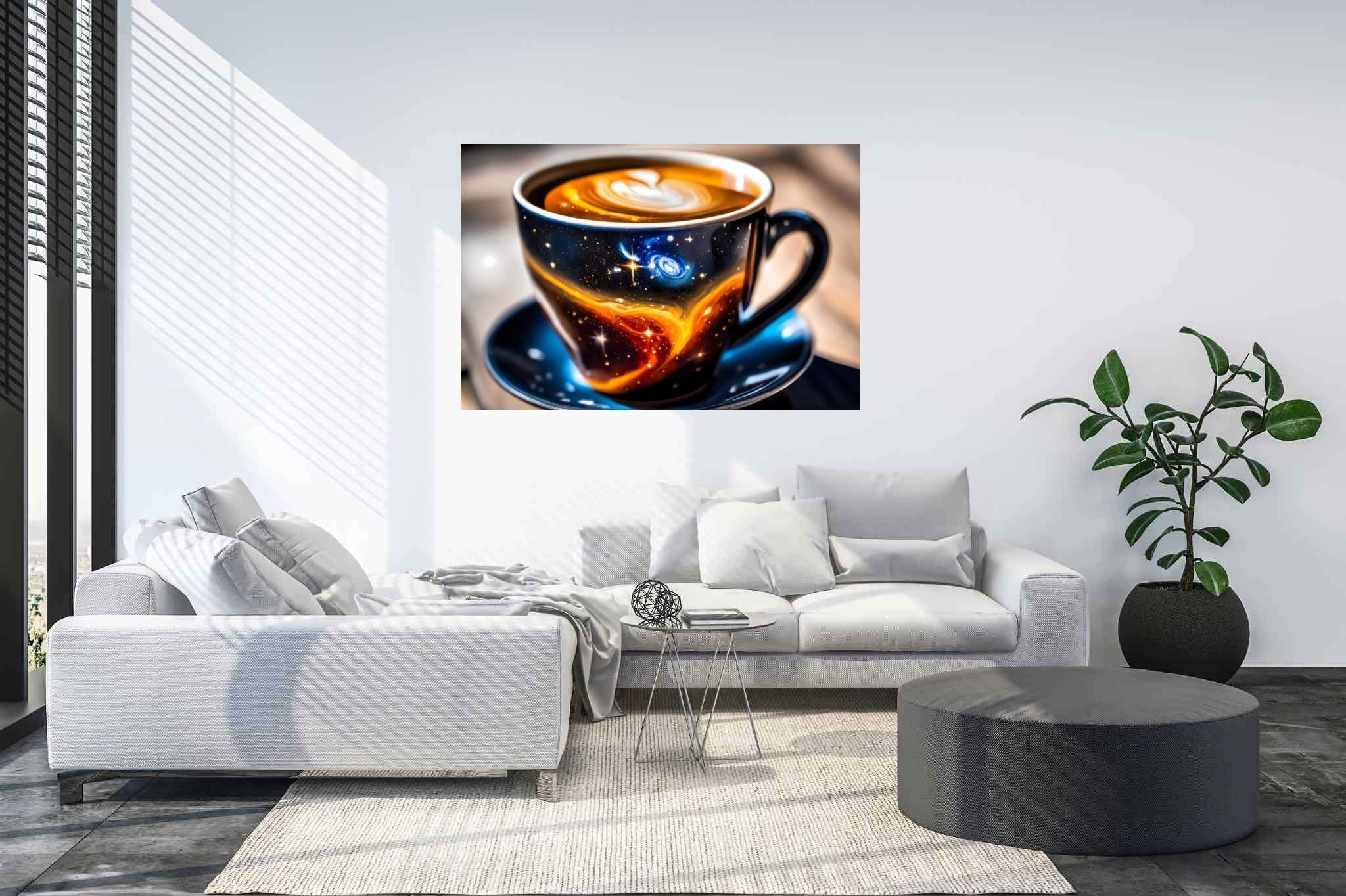 Cosmic caffeine reverie: Galaxy art with stellar designs, in a room with minimalist approach, gallery-quality artwork, and stylish accessories. The art can be printed on poster, framed poster, canvas, metal, acrylic or wood, exclusively at WallArtZen. Find this exact print at https://wallartzen.com/waz171