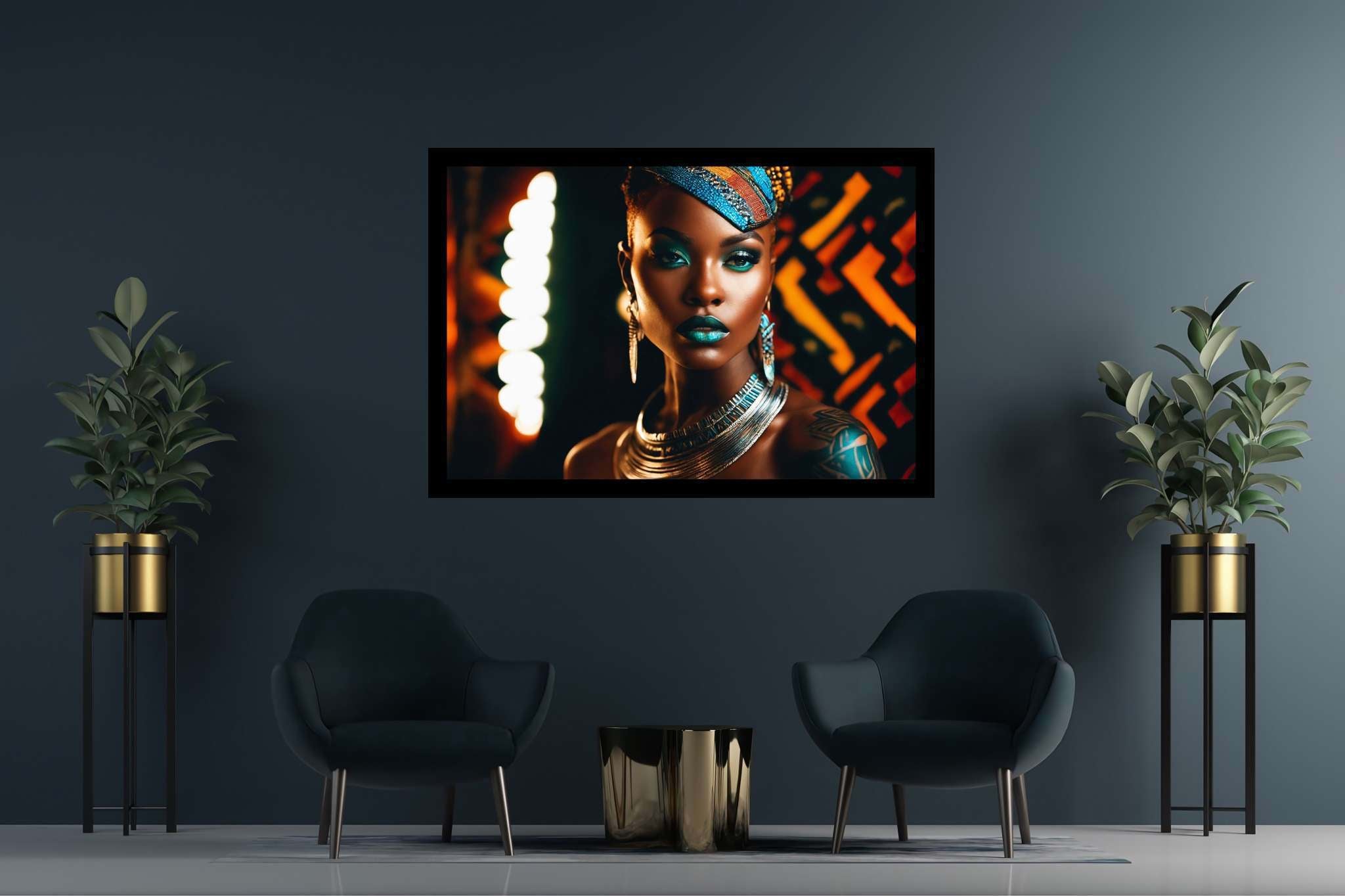 Colorful confidence unveiled: Vibrant makeup art with vibrant makeup styles, in a room with chic decor, bespoke art designs, and artisan decor. The art can be printed on poster, framed poster, canvas, metal, acrylic or wood, exclusively at WallArtZen. Find this exact print at https://wallartzen.com/waz172