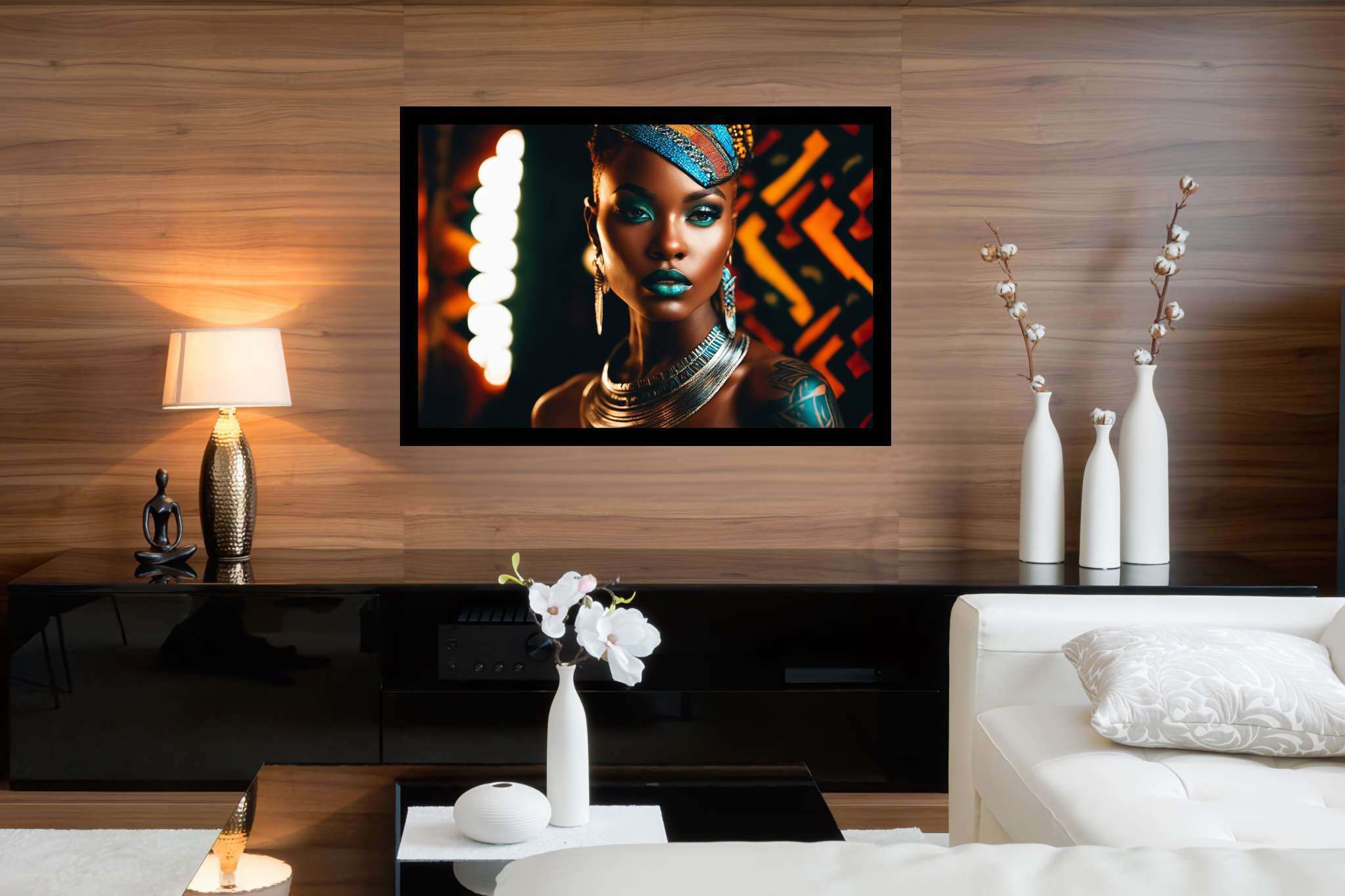 Colorful confidence unveiled: Vibrant makeup art with artistic makeup looks, in a room with artistic style, photographic wall art, and stylish accessories. The art can be printed on poster, framed poster, canvas, metal, acrylic or wood, exclusively at WallArtZen. Find this exact print at https://wallartzen.com/waz172