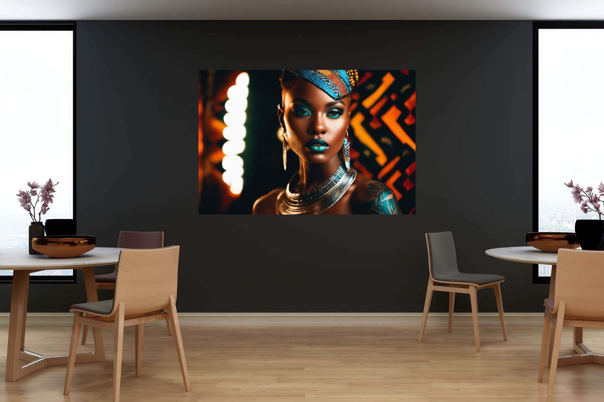 Colorful confidence unveiled: Vibrant makeup art with vibrant beauty, in a room with great design, mural artworks, and designer furniture. The art can be printed on poster, framed poster, canvas, metal, acrylic or wood, exclusively at WallArtZen. Find this exact print at https://wallartzen.com/waz172