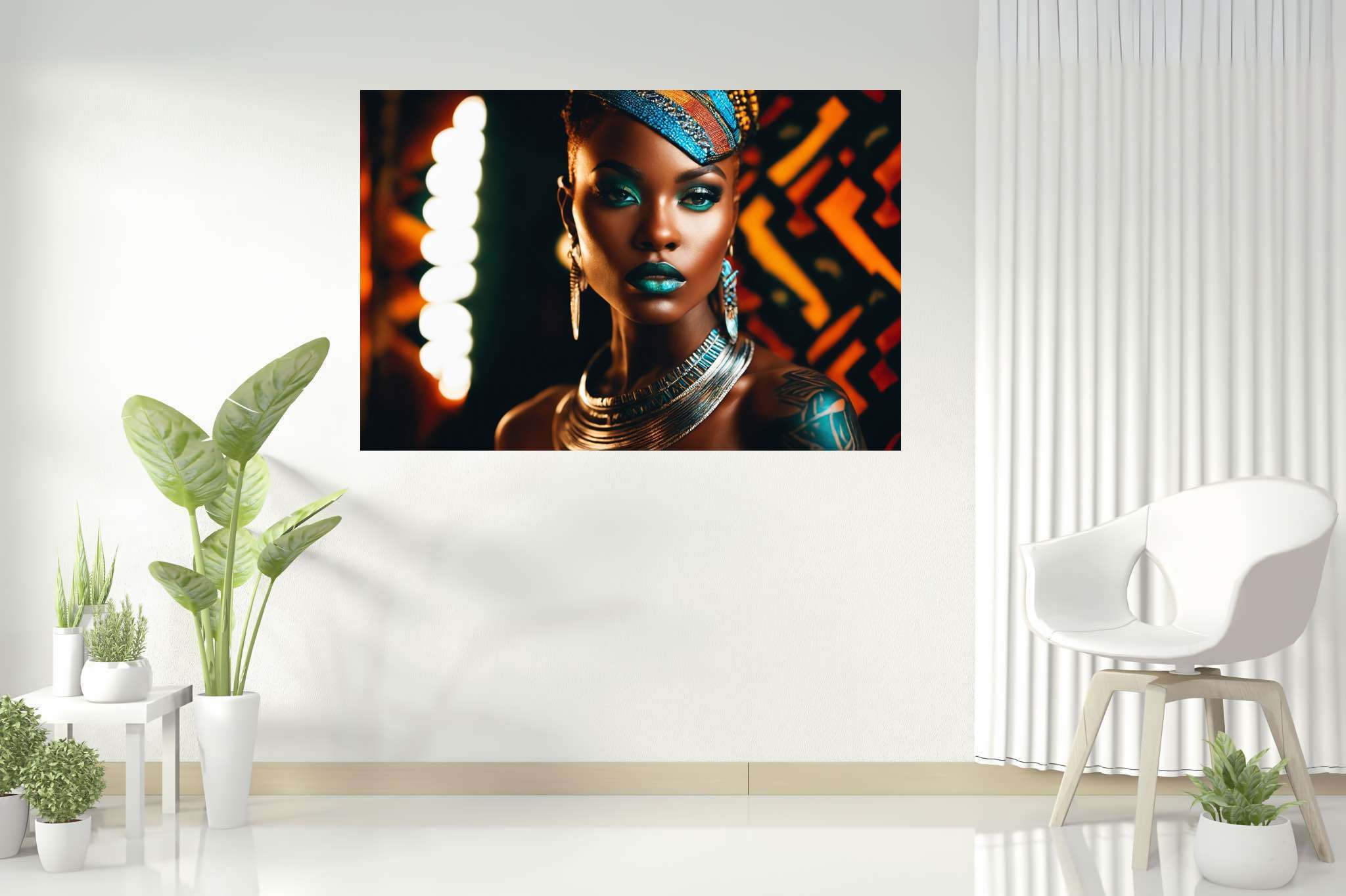 Colorful confidence unveiled: Vibrant makeup art with vibrant makeup inspiration, in a room with minimalist approach, fine art prints, and designer furniture. The art can be printed on poster, framed poster, canvas, metal, acrylic or wood, exclusively at WallArtZen. Find this exact print at https://wallartzen.com/waz172