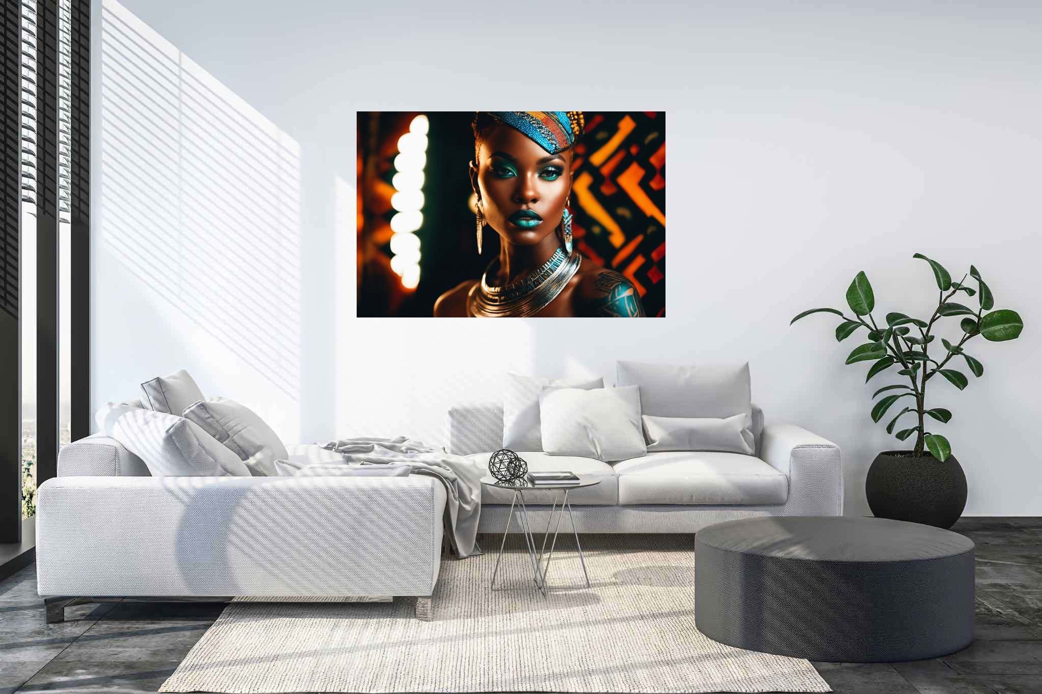 Colorful confidence unveiled: Vibrant makeup art with eye-catching makeup art, in a room with innovative layout, gallery-quality artwork, and designer furniture. The art can be printed on poster, framed poster, canvas, metal, acrylic or wood, exclusively at WallArtZen. Find this exact print at https://wallartzen.com/waz172