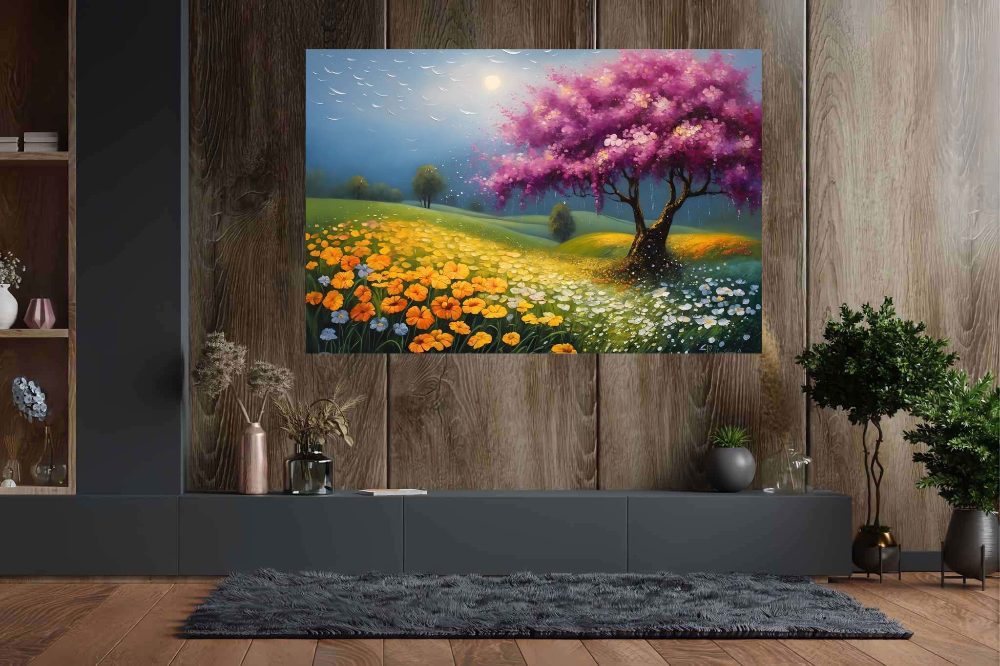 Aurora arbor ballet: Vibrant tree art with colorful nature paintings, in a room with great design, canvas prints, and elegant home goods. The art can be printed on poster, framed poster, canvas, metal, acrylic or wood, exclusively at WallArtZen. Find this exact print at https://wallartzen.com/waz173