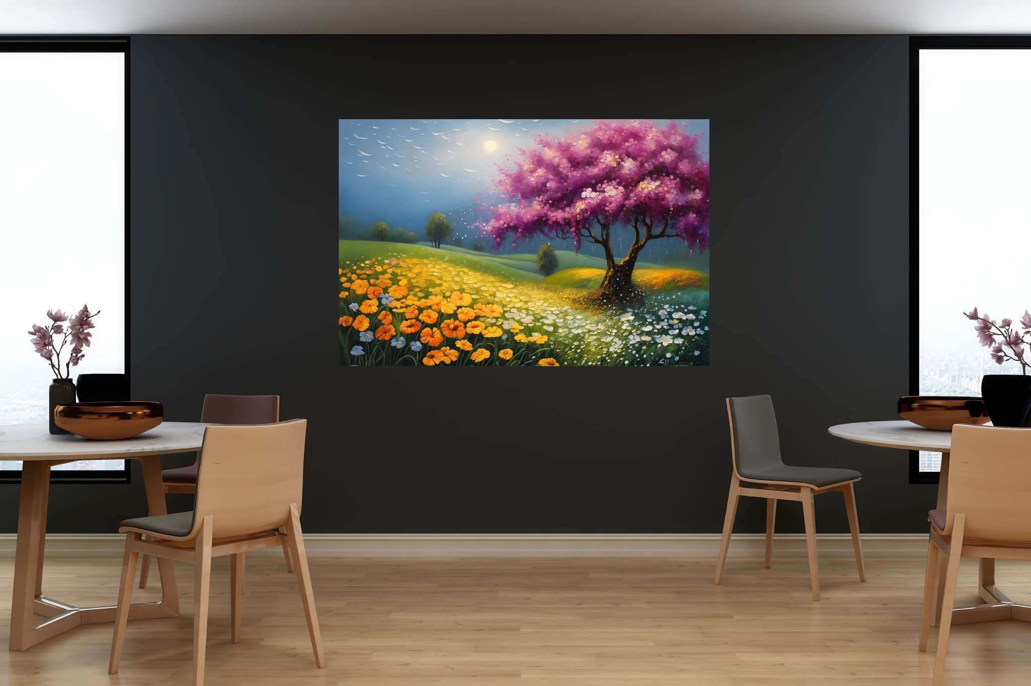 Aurora arbor ballet: Vibrant tree art with vibrant nature art, in a room with modern style, fine art prints, and interior decorations. The art can be printed on poster, framed poster, canvas, metal, acrylic or wood, exclusively at WallArtZen. Find this exact print at https://wallartzen.com/waz173