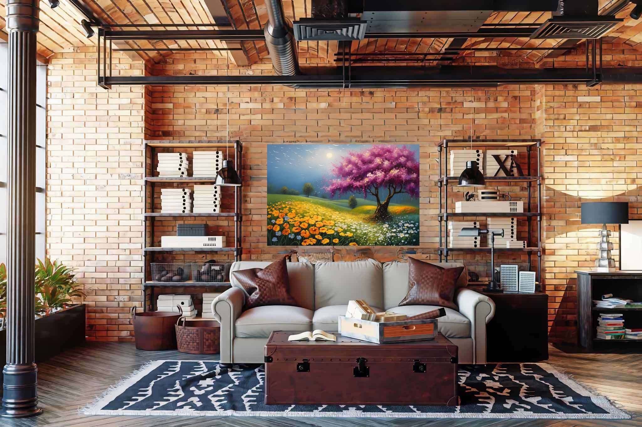 Aurora arbor ballet: Vibrant tree art with vibrant tree canvas, in a room with modern style, canvas prints, and decorative pieces. The art can be printed on poster, framed poster, canvas, metal, acrylic or wood, exclusively at WallArtZen. Find this exact print at https://wallartzen.com/waz173