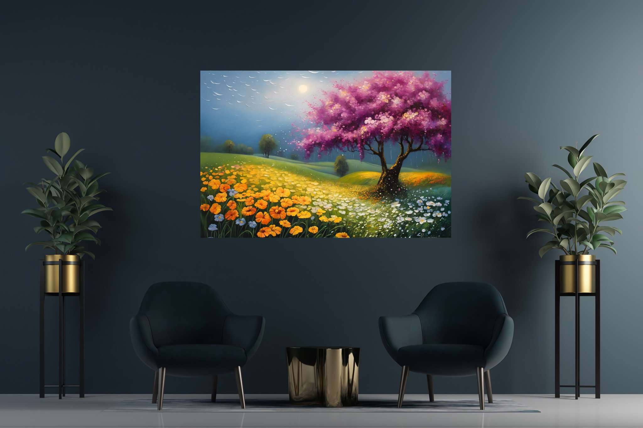 Aurora arbor ballet: Vibrant tree art with vivid tree art, in a room with classic elegance, fine art prints, and artisan decor. The art can be printed on poster, framed poster, canvas, metal, acrylic or wood, exclusively at WallArtZen. Find this exact print at https://wallartzen.com/waz173