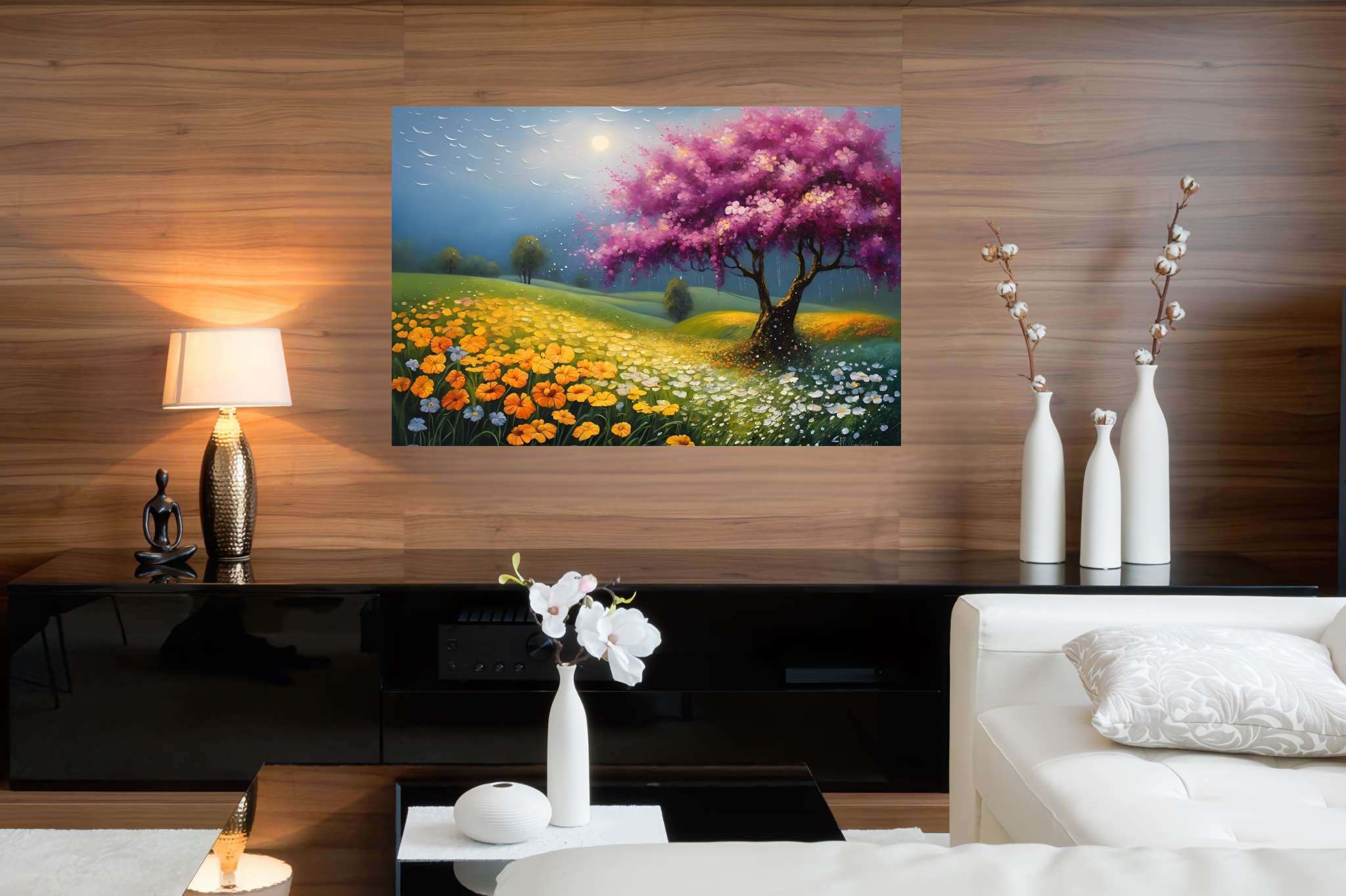 Aurora arbor ballet: Vibrant tree art with vibrant tree artwork, in a room with contemporary flair, digital art pieces, and elegant home goods. The art can be printed on poster, framed poster, canvas, metal, acrylic or wood, exclusively at WallArtZen. Find this exact print at https://wallartzen.com/waz173