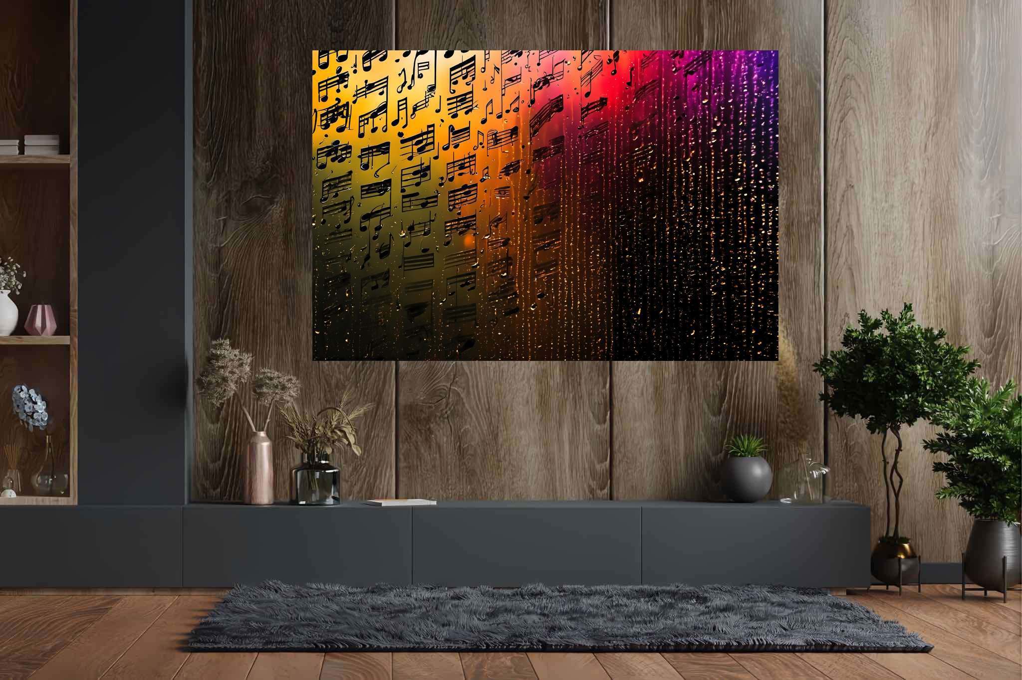 Melody in chromatic cascade: Colorful music notes art with colorful melodies, in a room with urban design, abstract paintings, and home styling items. The art can be printed on poster, framed poster, canvas, metal, acrylic or wood, exclusively at WallArtZen. Find this exact print at https://wallartzen.com/waz174