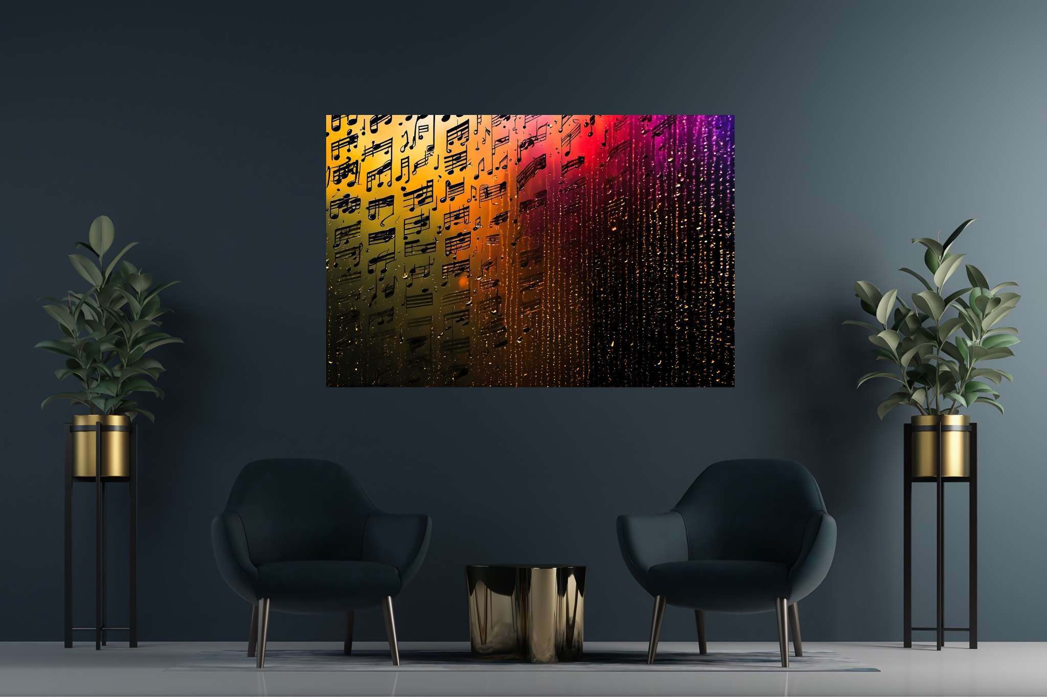Melody in chromatic cascade: Colorful music notes art with colorful music notes illustrations, in a room with artistic style, canvas prints, and decorative pieces. The art can be printed on poster, framed poster, canvas, metal, acrylic or wood, exclusively at WallArtZen. Find this exact print at https://wallartzen.com/waz174