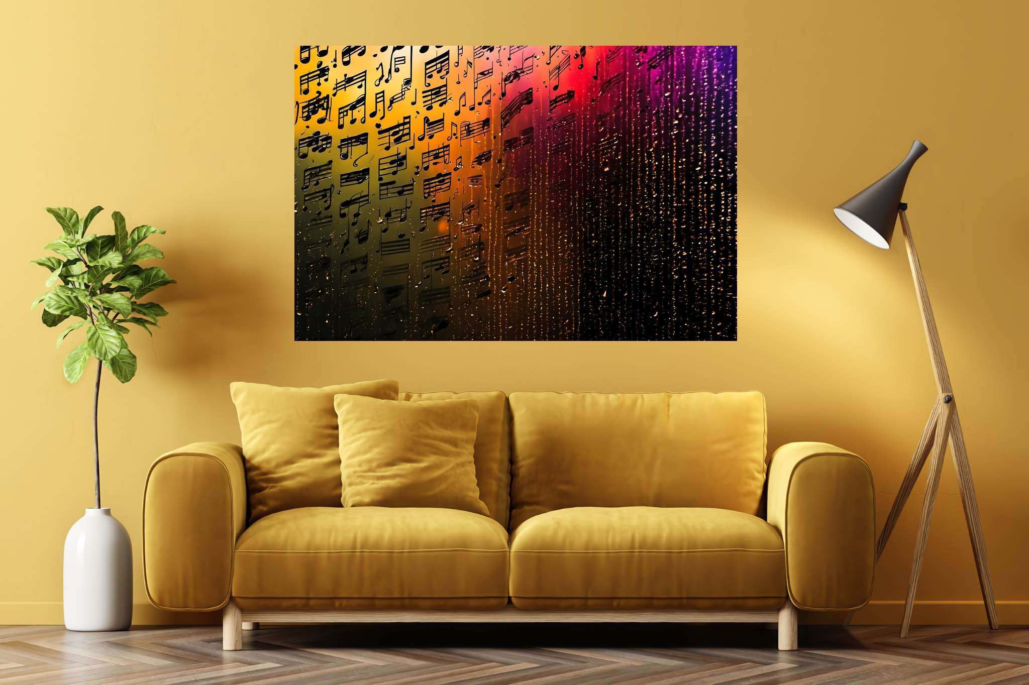 Melody in chromatic cascade: Colorful music notes art with colorful music notes illustrations, in a room with artistic style, bespoke art designs, and decorative pieces. The art can be printed on poster, framed poster, canvas, metal, acrylic or wood, exclusively at WallArtZen. Find this exact print at https://wallartzen.com/waz174