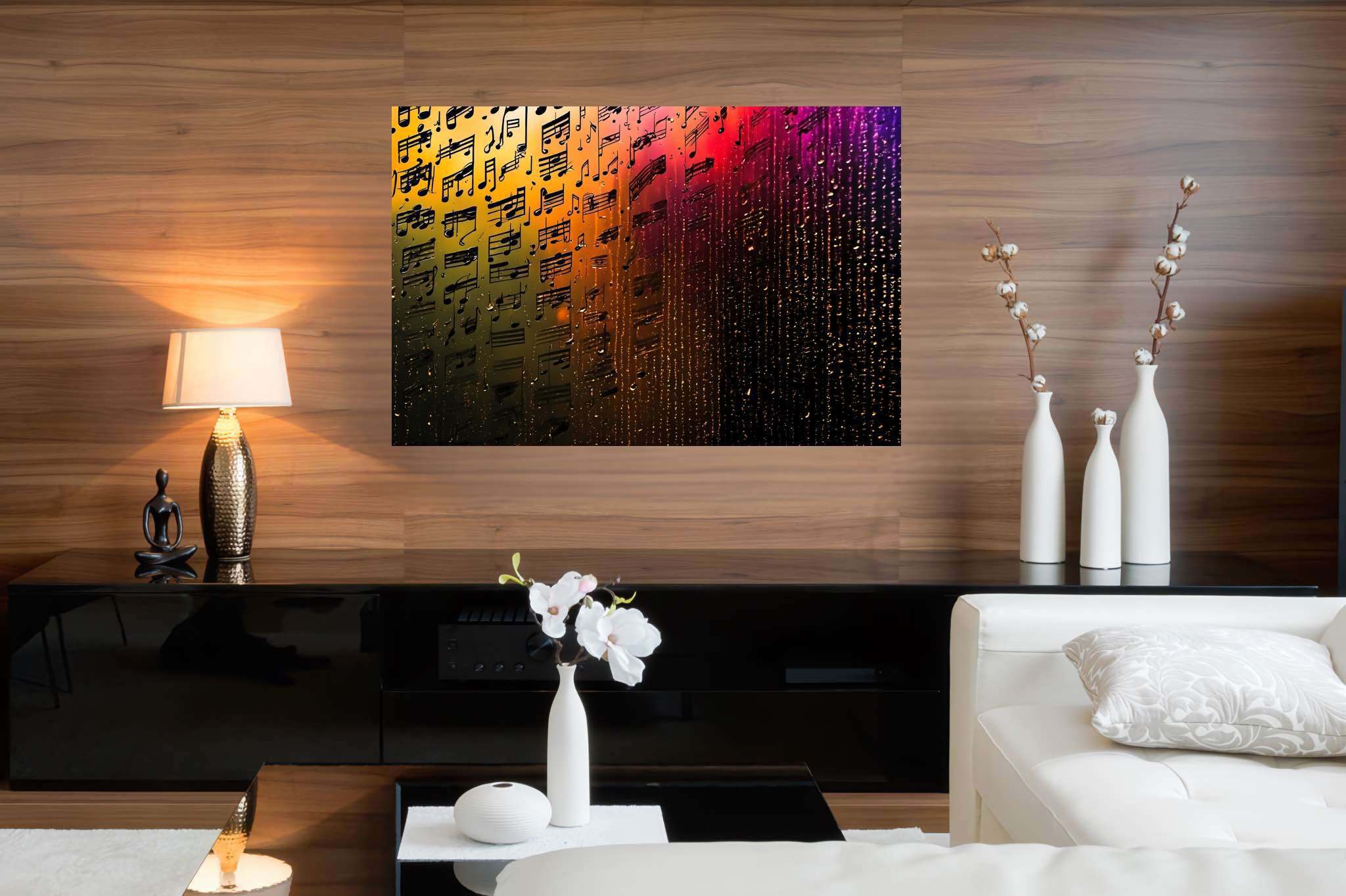 Melody in chromatic cascade: Colorful music notes art with colorful music notes illustrations, in a room with classic elegance, bespoke art designs, and elegant home goods. The art can be printed on poster, framed poster, canvas, metal, acrylic or wood, exclusively at WallArtZen. Find this exact print at https://wallartzen.com/waz174
