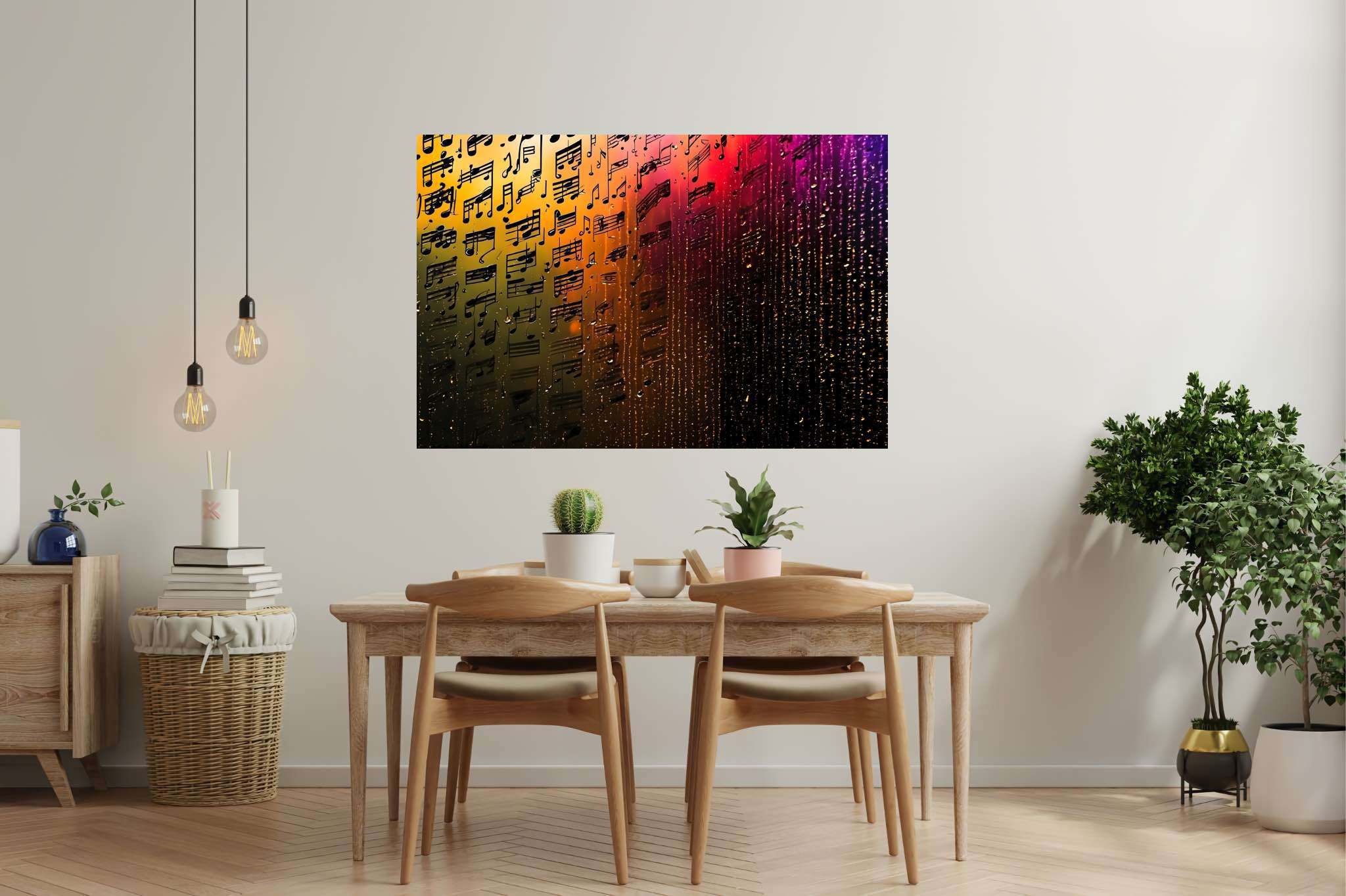 Melody in chromatic cascade: Colorful music notes art with colorful music notes illustrations, in a room with contemporary flair, canvas prints, and stylish accessories. The art can be printed on poster, framed poster, canvas, metal, acrylic or wood, exclusively at WallArtZen. Find this exact print at https://wallartzen.com/waz174