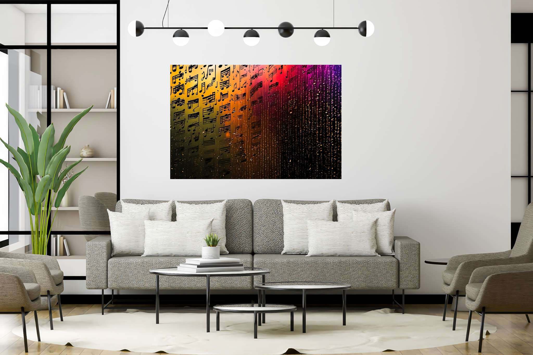 Melody in chromatic cascade: Colorful music notes art with vibrant art composition, in a room with urban design, wall art, and interior decorations. The art can be printed on poster, framed poster, canvas, metal, acrylic or wood, exclusively at WallArtZen. Find this exact print at https://wallartzen.com/waz174