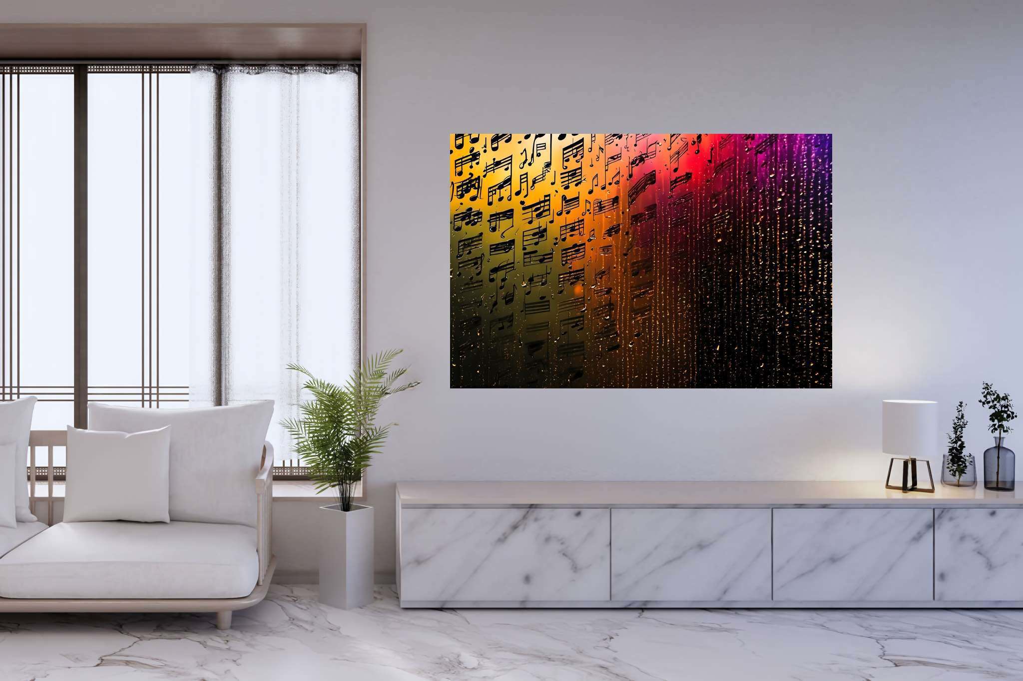 Melody in chromatic cascade: Colorful music notes art with colorful music-inspired paintings, in a room with innovative layout, framed art, and luxe decor. The art can be printed on poster, framed poster, canvas, metal, acrylic or wood, exclusively at WallArtZen. Find this exact print at https://wallartzen.com/waz174