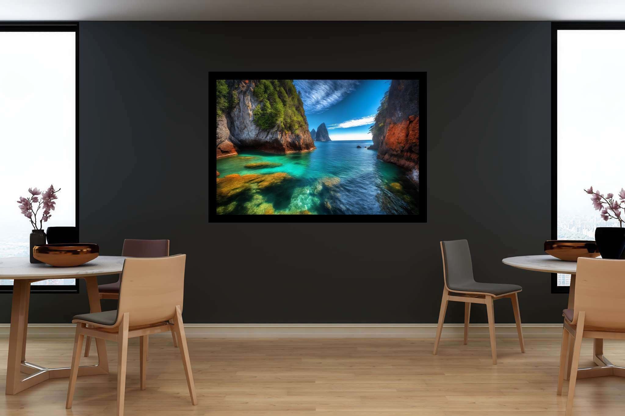 Lagoon's embrace: Serene lagoon art with serene lagoon art, in a room with elegant layout, photographic wall art, and elegant home goods. The art can be printed on poster, framed poster, canvas, metal, acrylic or wood, exclusively at WallArtZen. Find this exact print at https://wallartzen.com/waz175