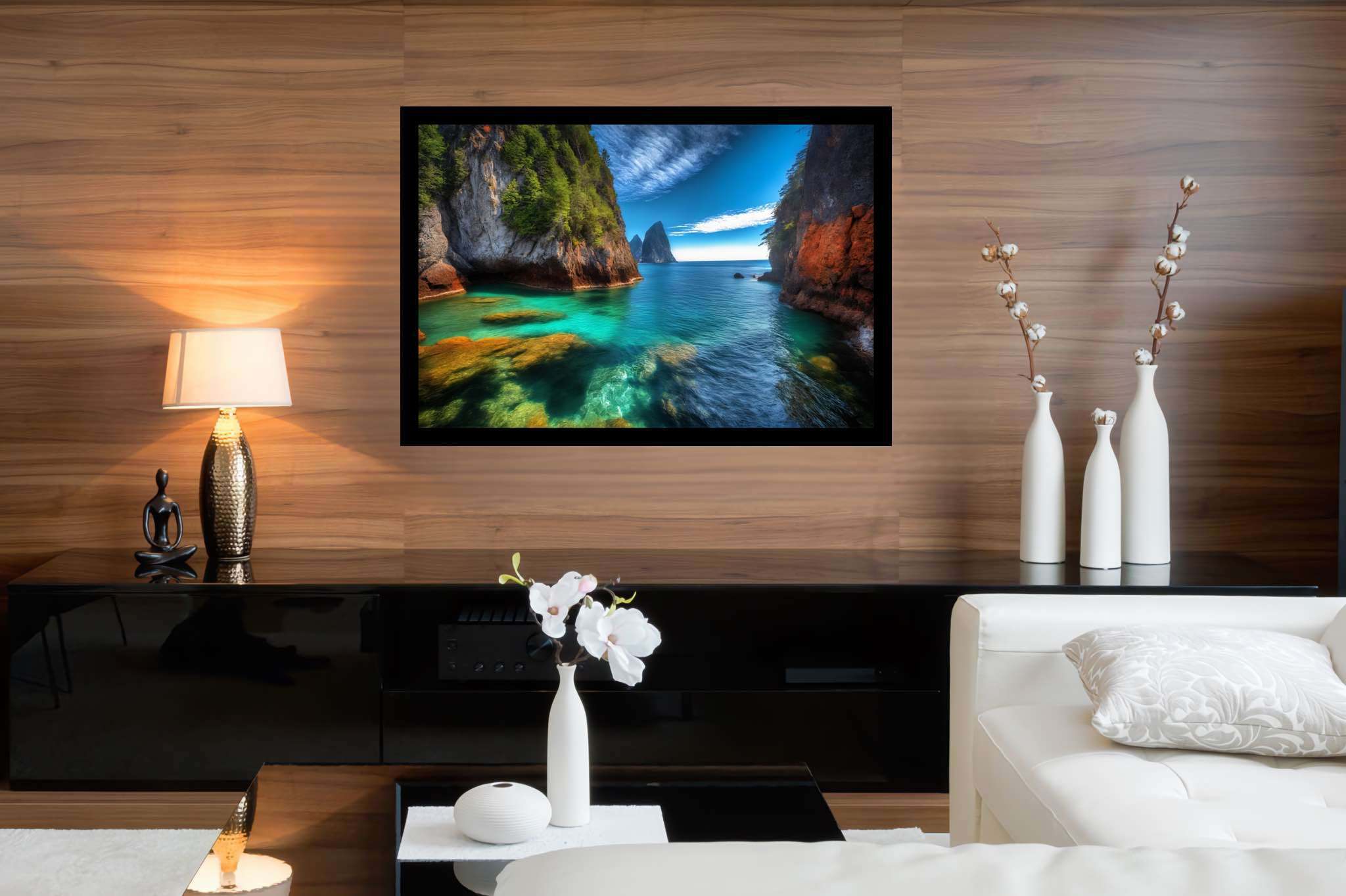 Lagoon's embrace: Serene lagoon art with calm blue lagoon, in a room with artistic style, mural artworks, and home styling items. The art can be printed on poster, framed poster, canvas, metal, acrylic or wood, exclusively at WallArtZen. Find this exact print at https://wallartzen.com/waz175
