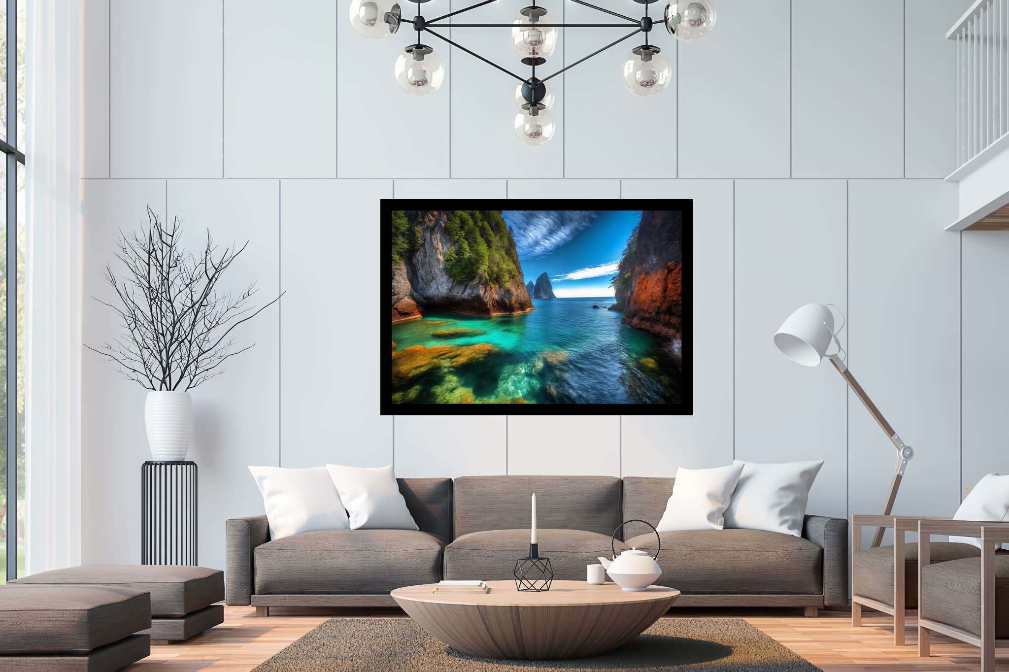 Lagoon's embrace: Serene lagoon art with calming seascape, in a room with contemporary flair, digital art pieces, and interior decorations. The art can be printed on poster, framed poster, canvas, metal, acrylic or wood, exclusively at WallArtZen. Find this exact print at https://wallartzen.com/waz175