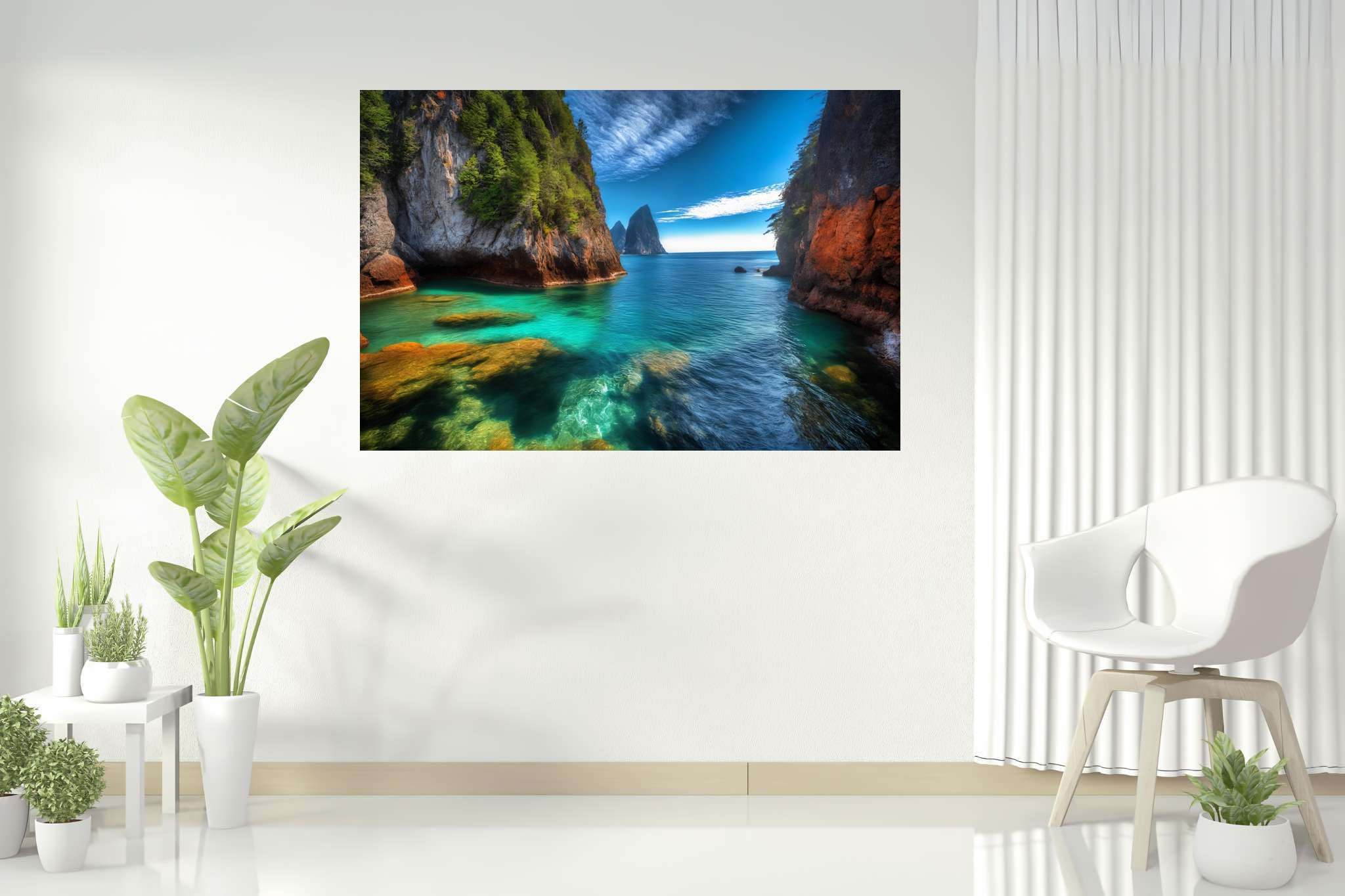 Lagoon's embrace: Serene lagoon art with serene coastal artwork, in a room with modern style, bespoke art designs, and home styling items. The art can be printed on poster, framed poster, canvas, metal, acrylic or wood, exclusively at WallArtZen. Find this exact print at https://wallartzen.com/waz175
