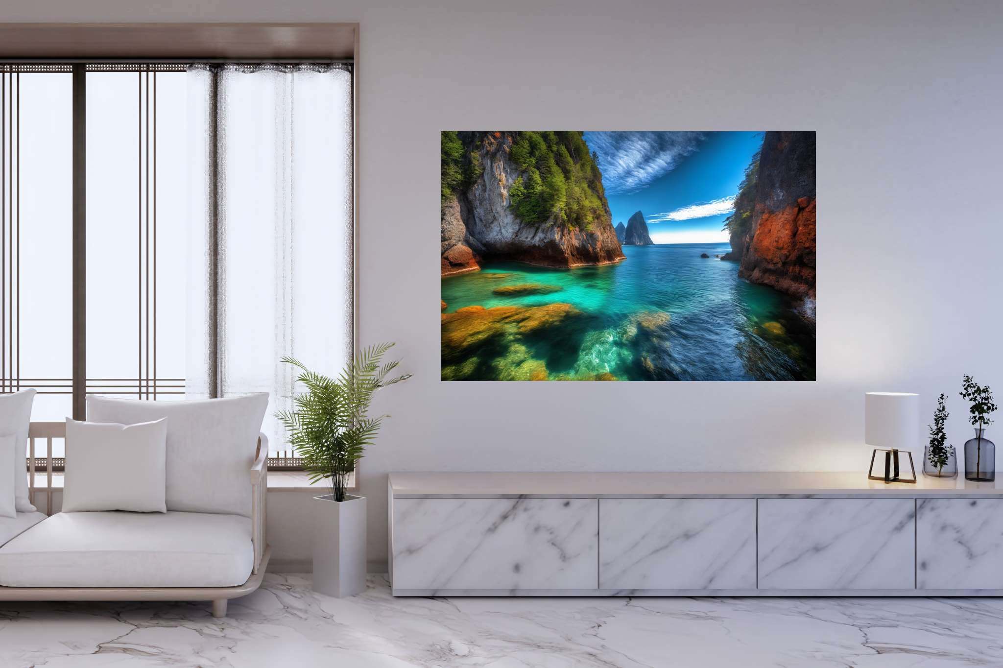 Lagoon's embrace: Serene lagoon art with serene watercolor painting, in a room with artistic style, digital art pieces, and interior decorations. The art can be printed on poster, framed poster, canvas, metal, acrylic or wood, exclusively at WallArtZen. Find this exact print at https://wallartzen.com/waz175
