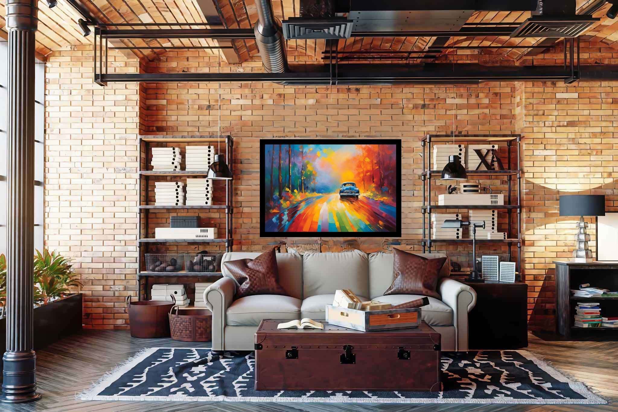 Chromatic odyssey: Vibrant landscape art with vibrant landscape decor, in a room with chic decor, photographic wall art, and home furnishings. The art can be printed on poster, framed poster, canvas, metal, acrylic or wood, exclusively at WallArtZen. Find this exact print at https://wallartzen.com/waz178