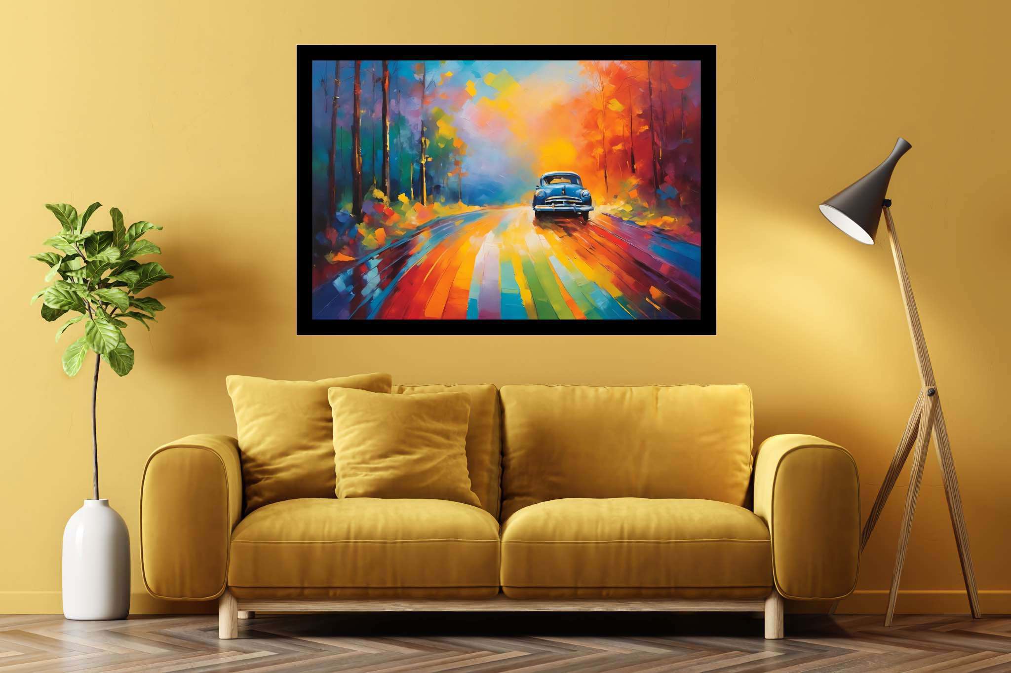 Chromatic odyssey: Vibrant landscape art with vibrant landscape photography, in a room with chic decor, bespoke art designs, and decorative pieces. The art can be printed on poster, framed poster, canvas, metal, acrylic or wood, exclusively at WallArtZen. Find this exact print at https://wallartzen.com/waz178