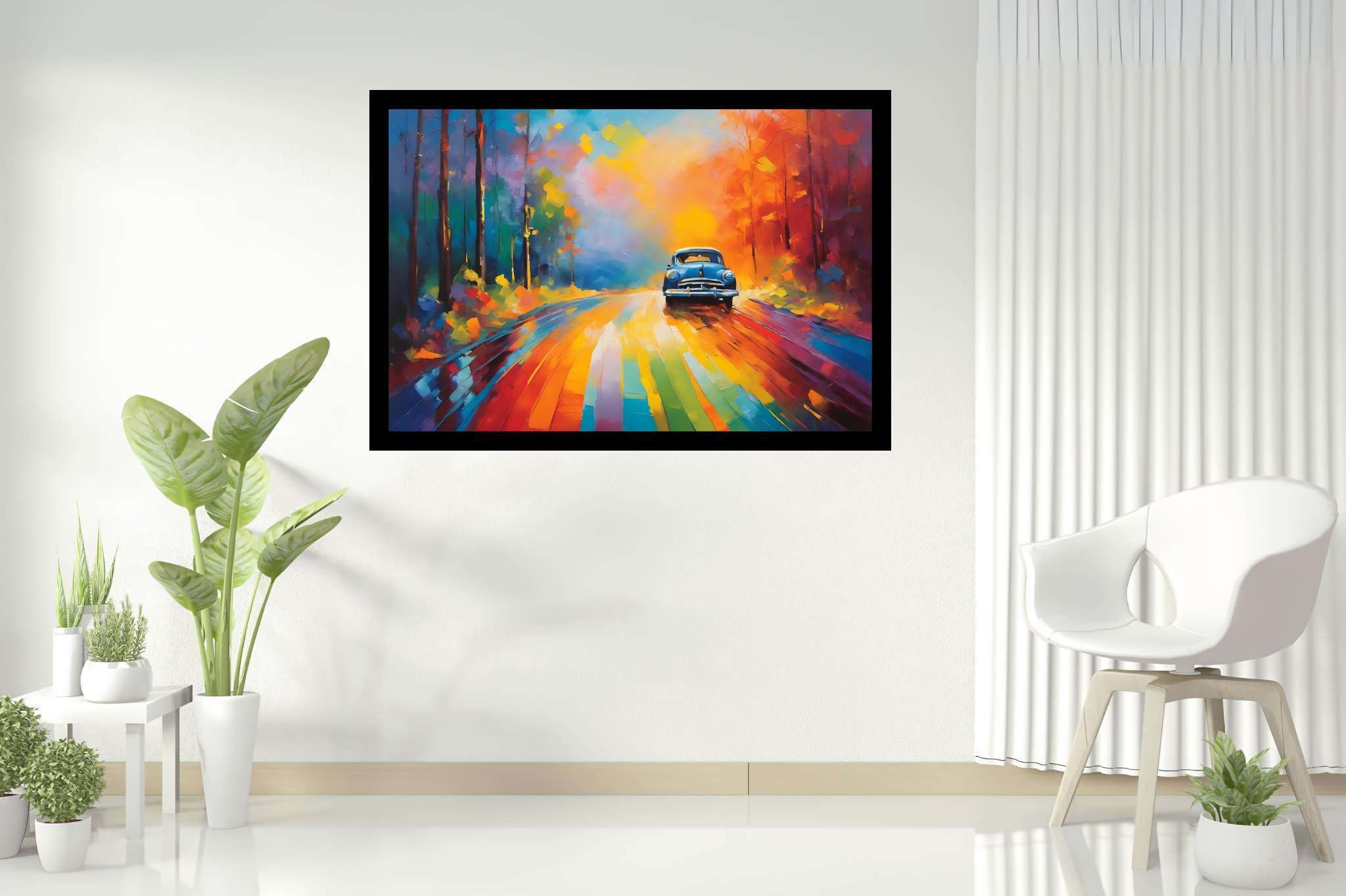 Chromatic odyssey: Vibrant landscape art with vibrant landscape illustrations, in a room with modern style, wall art, and designer furniture. The art can be printed on poster, framed poster, canvas, metal, acrylic or wood, exclusively at WallArtZen. Find this exact print at https://wallartzen.com/waz178
